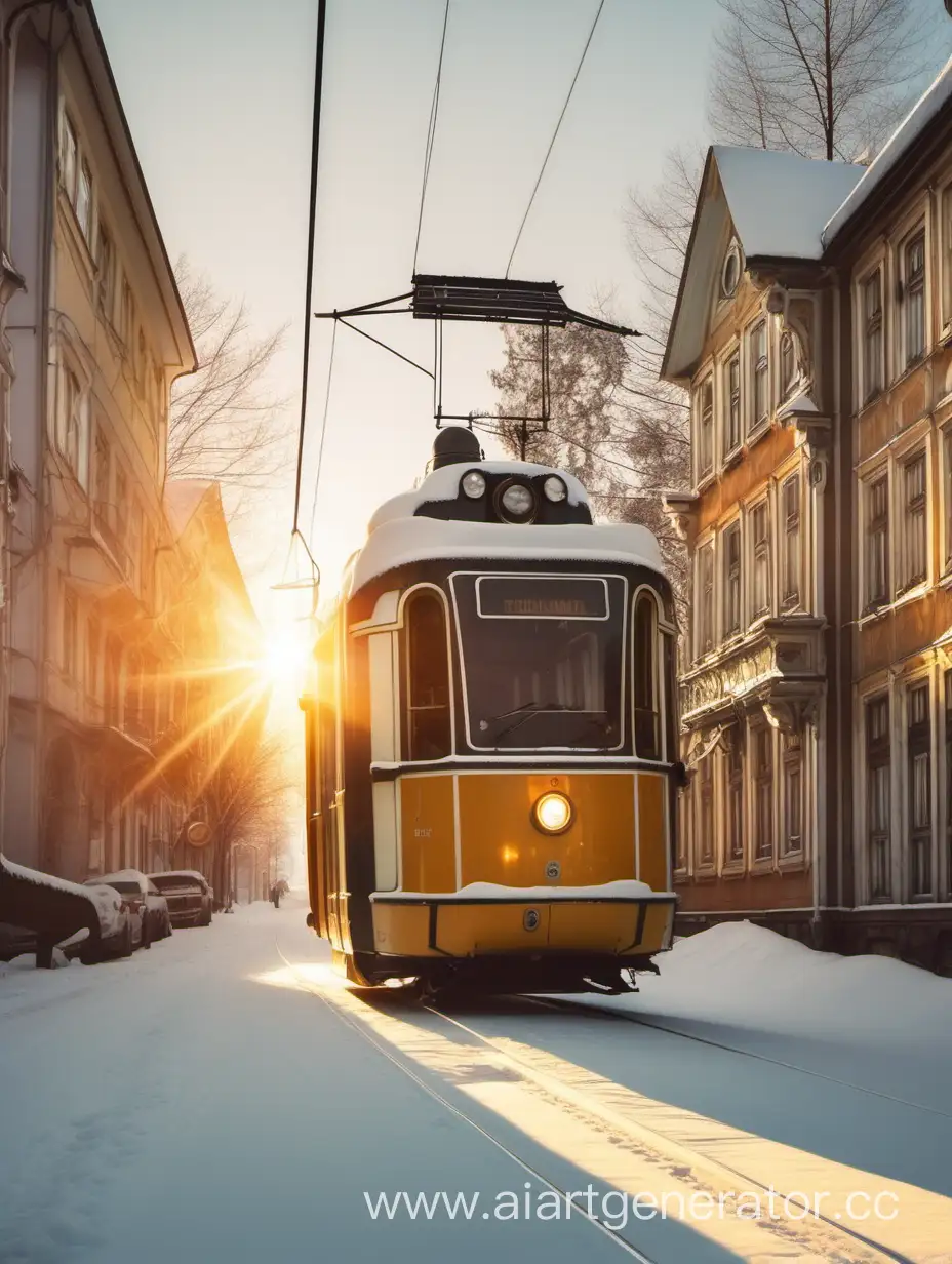 Charming-Winter-Scene-Sunlit-Old-Tram-Journey-through-a-SnowCovered-Small-Town