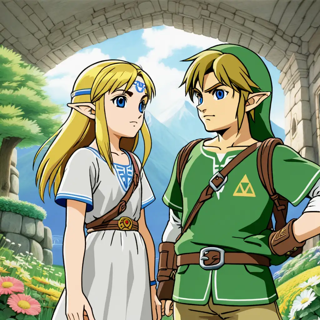 Zelda and Link in studio ghibli style --v 6