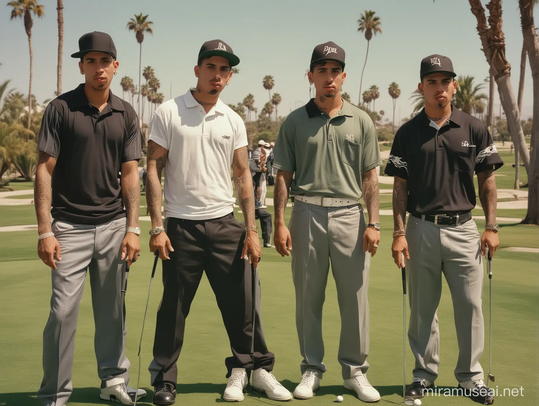 Tattooed hispanic young male cholo gangsters playing golf in 1990s los angeles palms