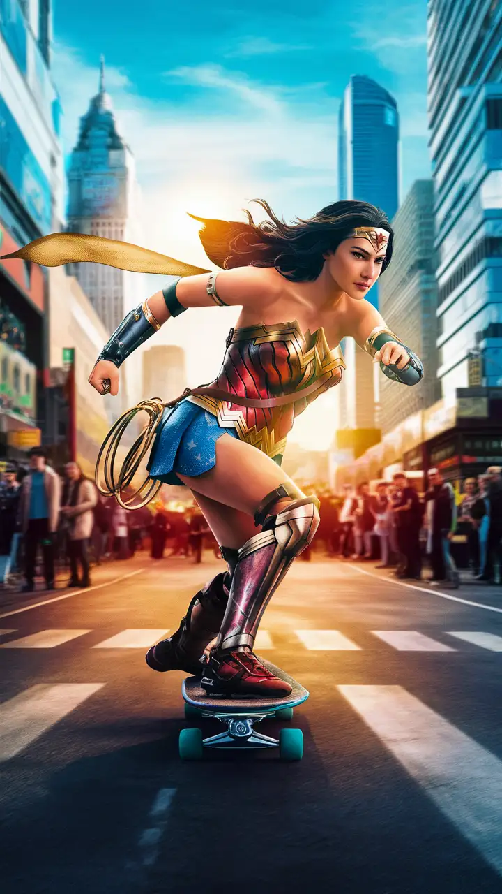 Wonder woman skateboarding in the city. Daytime 