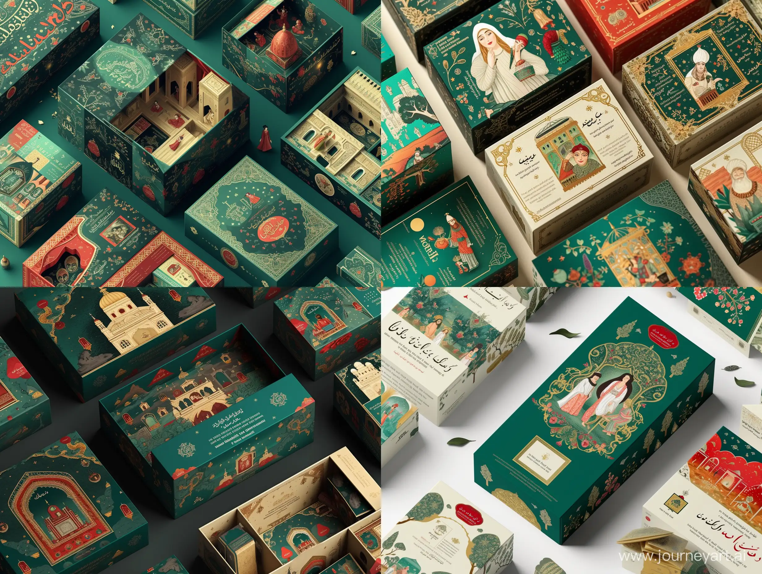 imagine an image of Iranian storytelling and fairy tales inspired packaging design :
1. Incorporate scenes from popular Iranian tales, such as One Thousand and One Nights, into the packaging design to create a sense of wonder and intrigue.
2. Use playful and imaginative typography and illustrations to capture the whimsical spirit of Persian stories, evoking a magical and enchanting feeling.
3. Create interactive elements within the packaging, such as hidden compartments with excerpts from Persian stories or QR codes that lead to audio recordings of traditional Persian folktales, encouraging consumer participation and engagement.
4. Design the packaging structure with nested boxes or hidden compartments, resembling treasure chests or enchanted objects, to add an element of mystery and excitement.
5. Utilize vibrant and fantastical colors like emerald green, ruby red, and gold to represent the fantastical elements of Persian stories, along with durable paper or cardboard with rich textures to enhance the tactile experience.
6. Incorporate whimsical and stylized typography inspired by Persian illustrations for the logo and product information, capturing the essence of Iranian storytelling and fairy tales.realistic style