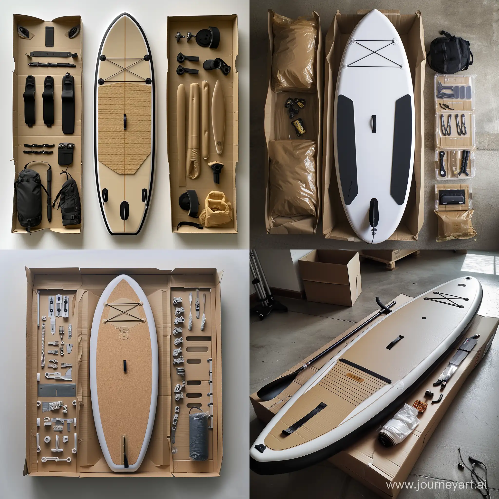 create a SUP board in a closed cardboard package, nicely organised extra parts