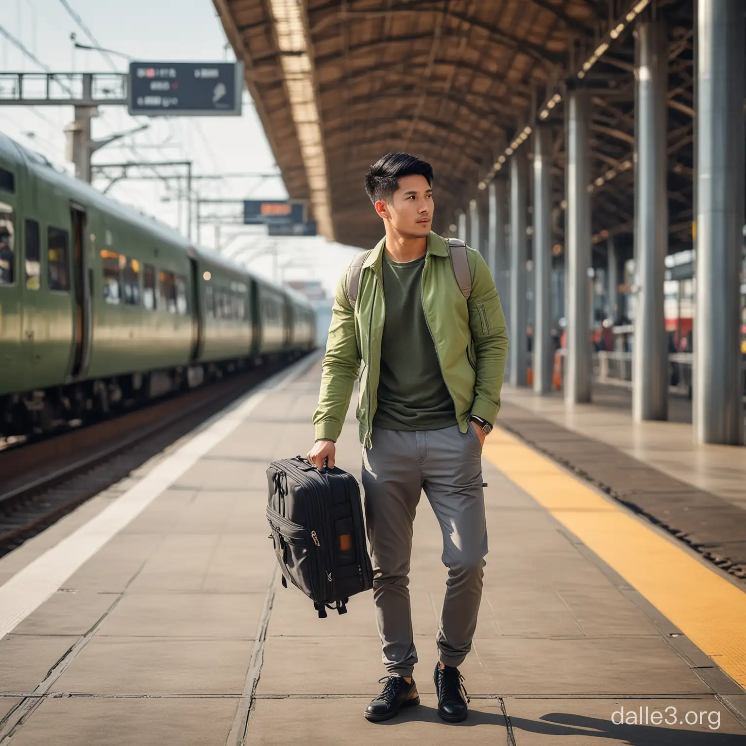 Fotografi profesional seorang pria Asia tampan berusia 25 tahun dengan rambut pendek hitam trendi,mengenakan pakaian zaitun limau trendi kasual modern, celana panjang abu-abu, membawa ransel dan koper modern, dengan kecepatan tinggi modern stasiun kereta api, bergaya modern futuristik, di pagi hari dengan sinar matahari, bayangan, dalam suasana sibuk