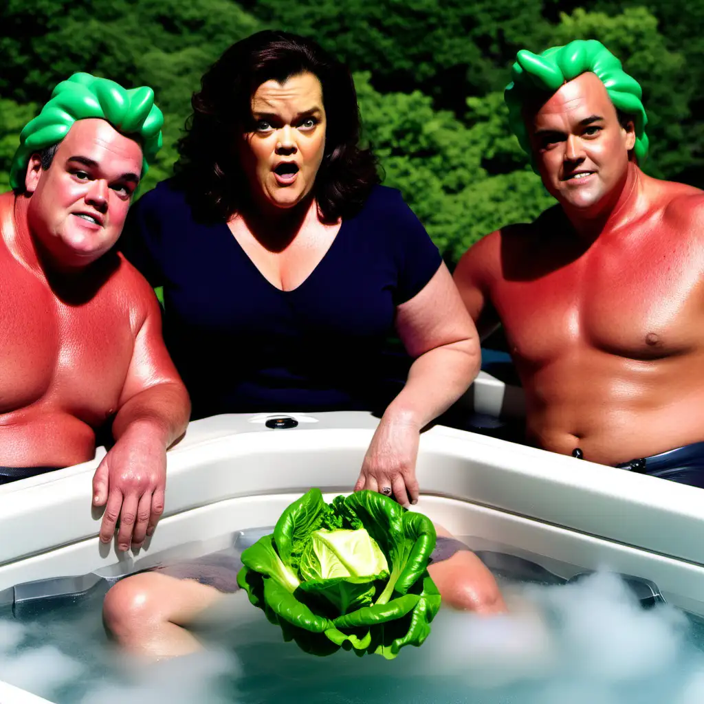 Rosie O'Donnell in a puffing hot tub with lettuce men