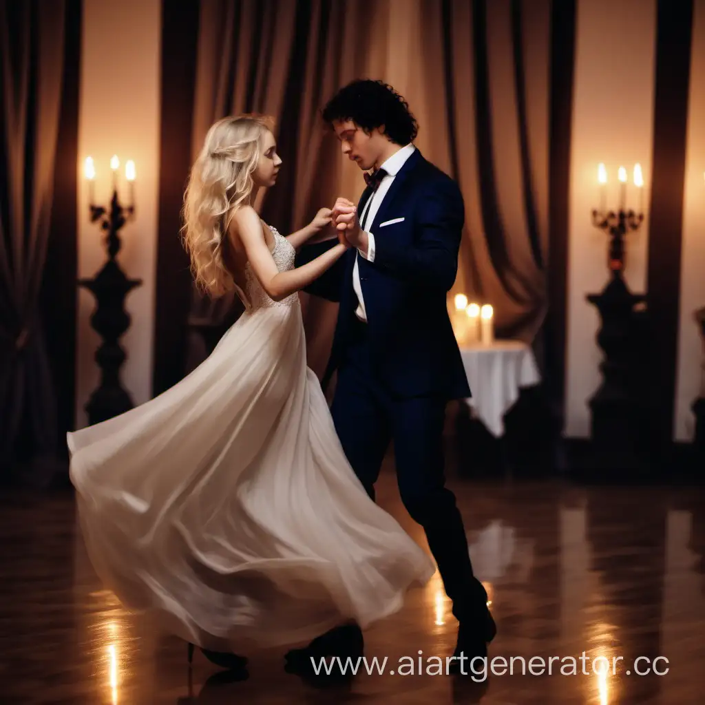 A young beautiful girl with blonde hair in a beautiful long dress dancing with a guy with dark curly hair in a suit. candlelight, wedding, decorated hall.