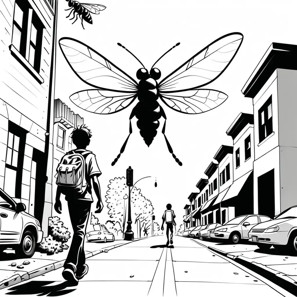 simple black and white coloring book illustration of an older teen walking down street, and followed by giant fly 