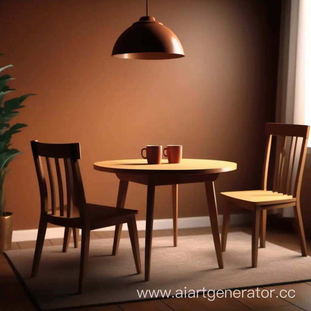 a room with a table and 2 chairs in 4K quality in a warm tone slightly resembles a game