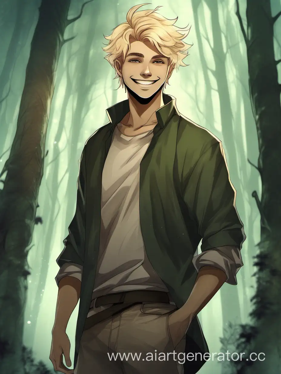 парень стоит , блондин, с короткой лохматой стрижкой, лес, фэнтези, улыбается