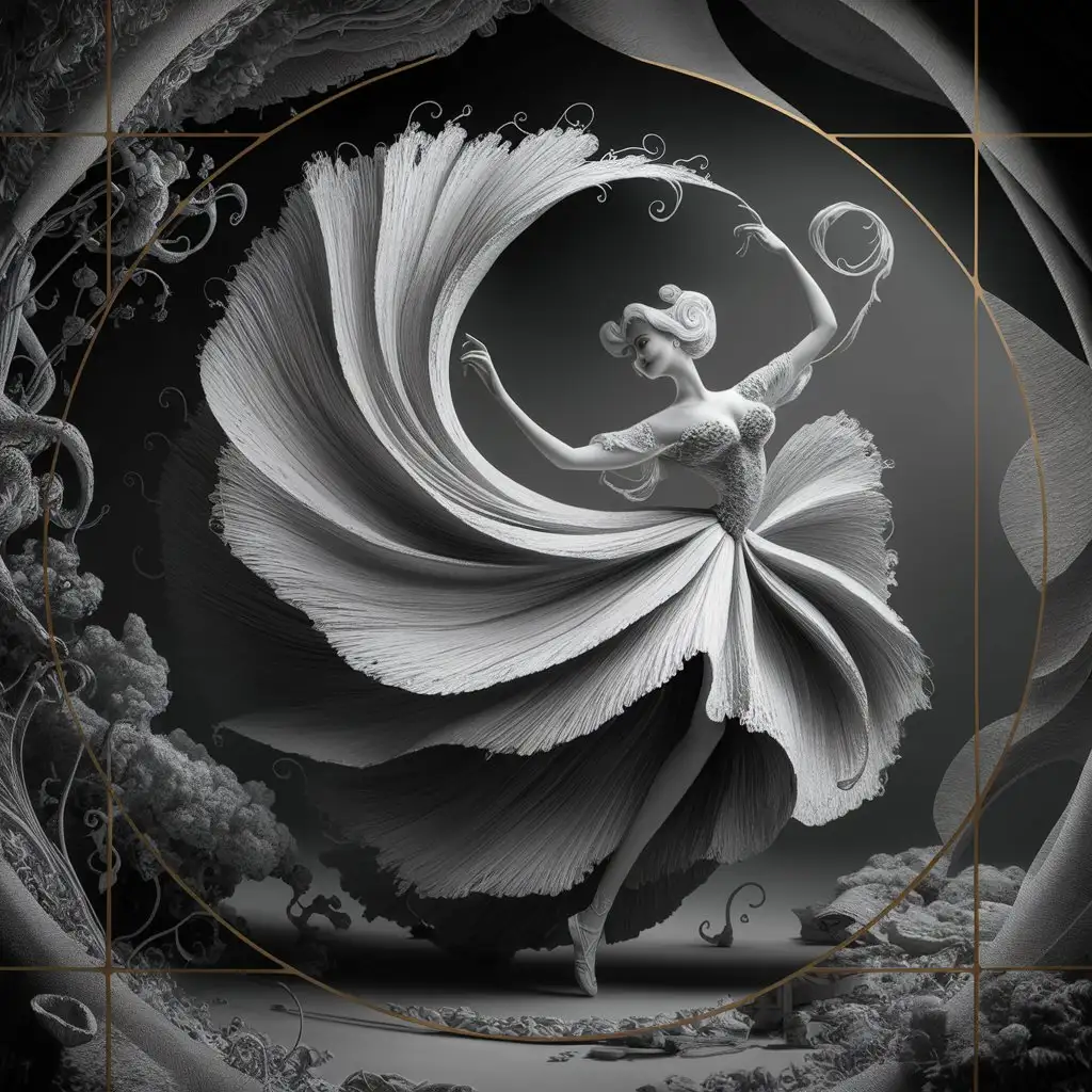 a high-quality illustration of an woman dancing and her dress spinning in the air medium outlines in black and white, detailed, fantasy themes, whimsical, coloring book page, gold ratio, creative design, intricate details, high contrast, textured lines