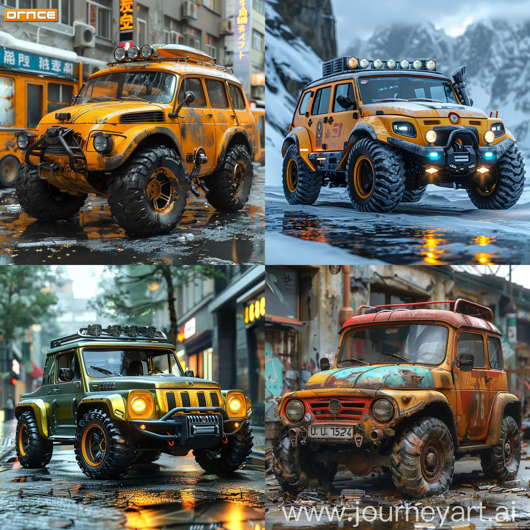 Futuristic UAZ-452, futuristic style of high tech, futuristic style of waste-free materials, octane render --stylize 1000