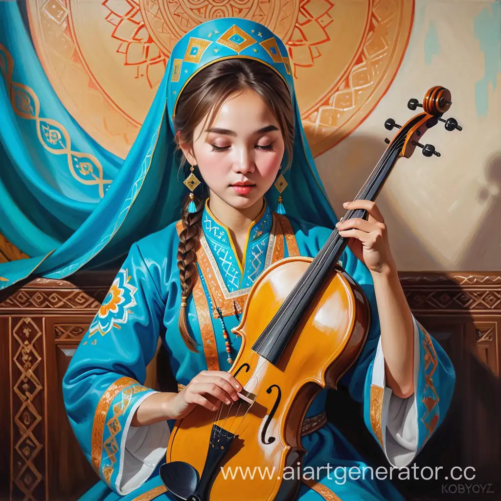 Kazakh-Girl-Playing-Kobyz-Traditional-Musical-Artistry-in-Oil-Painting