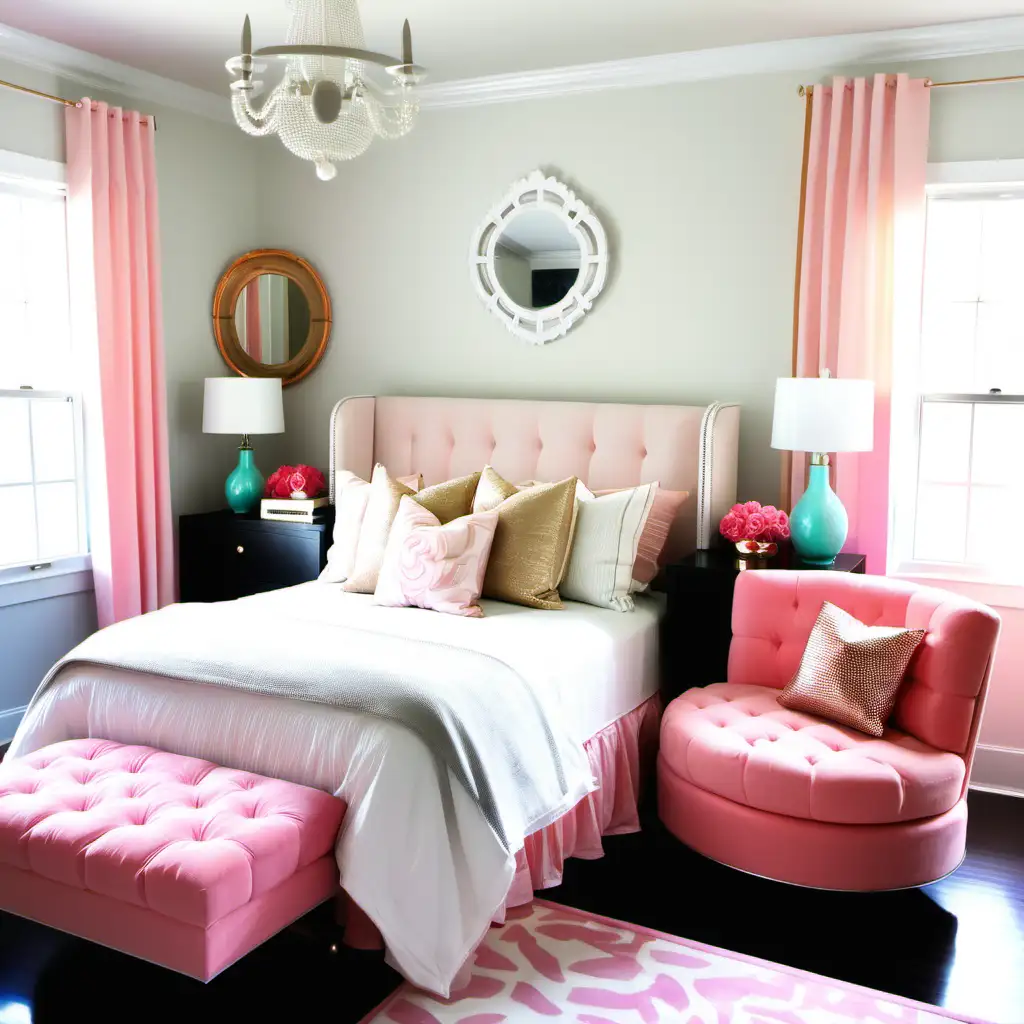 A posh girl bedroom with a dresser and cozy seating