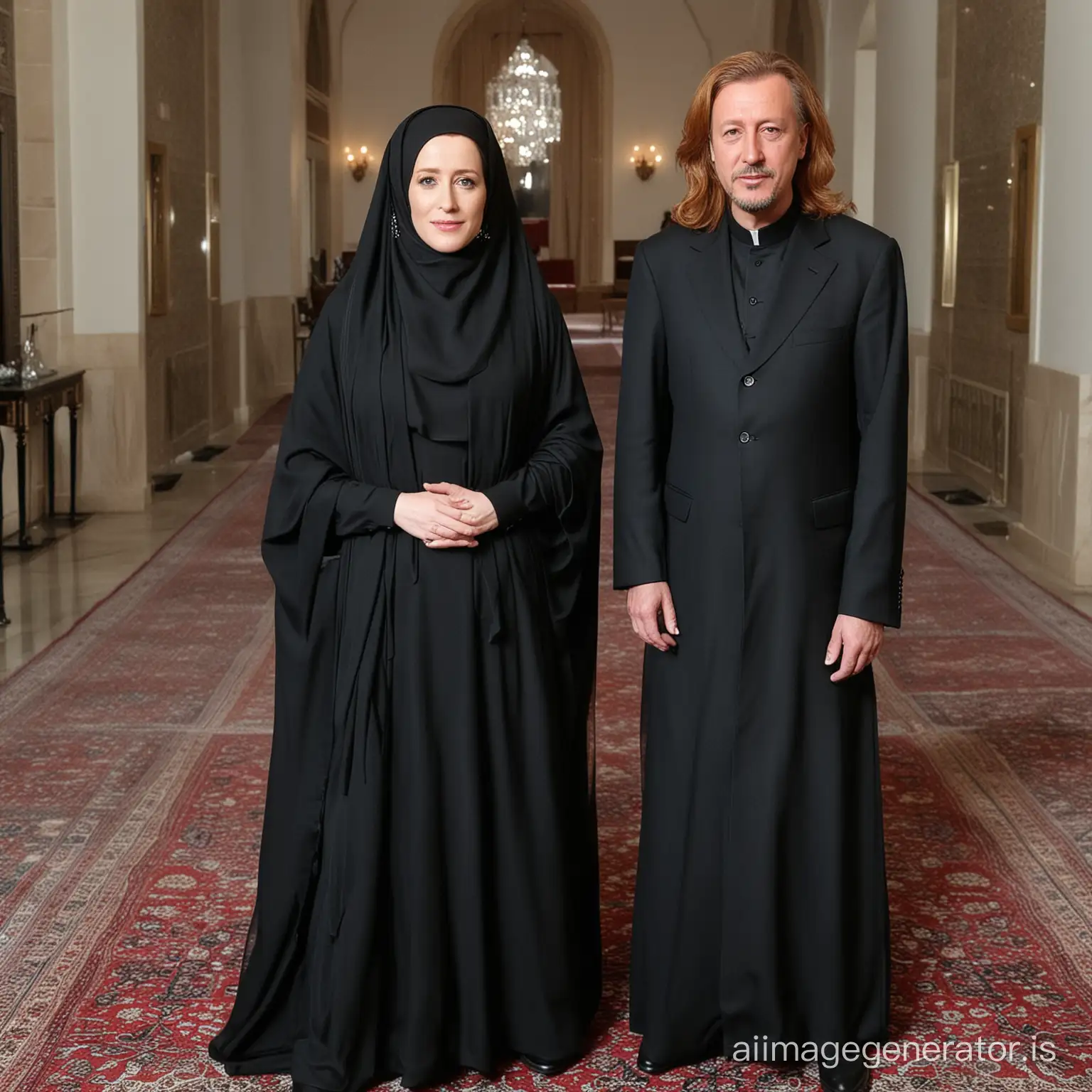 red haired Gillian Anderson with President Erdogan, he asked Gillian to dress accordingly to his Muslim faith and wear a floor-length black abaya with long black hijab and stand demurely beside him as  his newlywed devoted loving wife