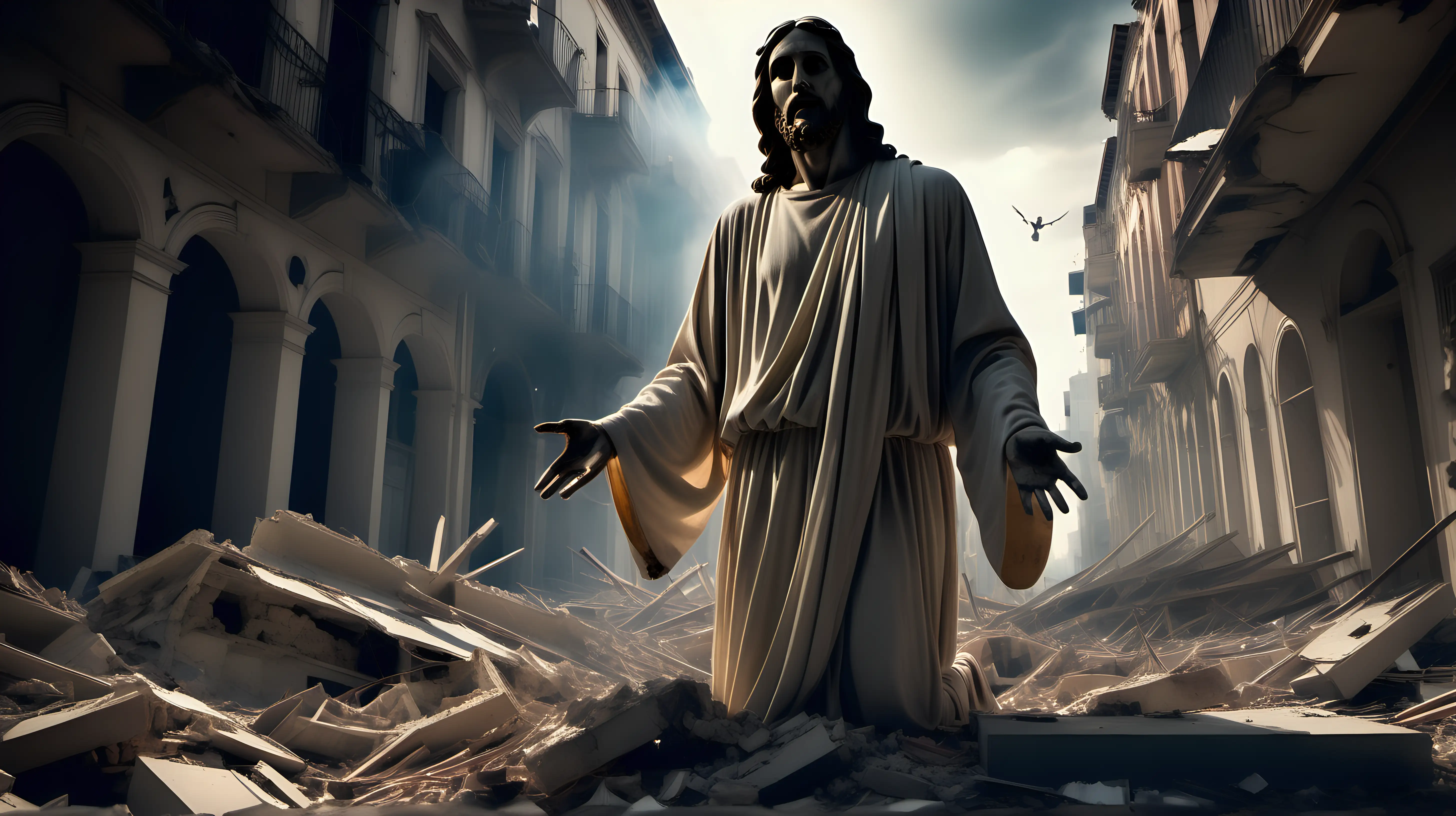 photographs of the destroyed city and the apparition of a levitating Jesus Christ, cinematic lighting,  low angle