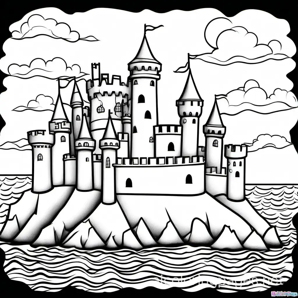 Castles overlooking ocean
, Coloring Page, black and white, line art, white background, Simplicity, Ample White Space. The background of the coloring page is plain white to make it easy for young children to color within the lines. The outlines of all the subjects are easy to distinguish, making it simple for kids to color without too much difficulty