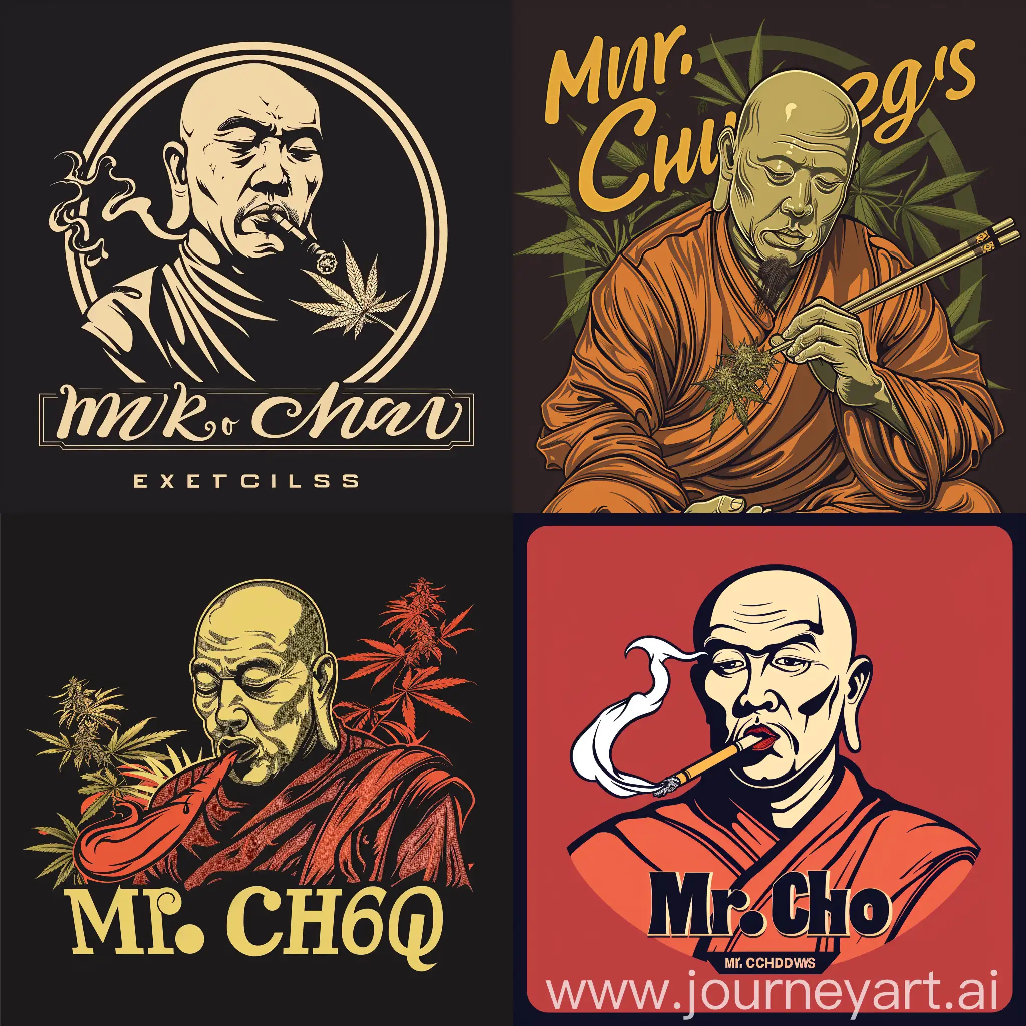 Logo design of a buddah monk smoking marijuana with asian aesthetic make it very classy and elegant saying Mr.Chow Exotics 