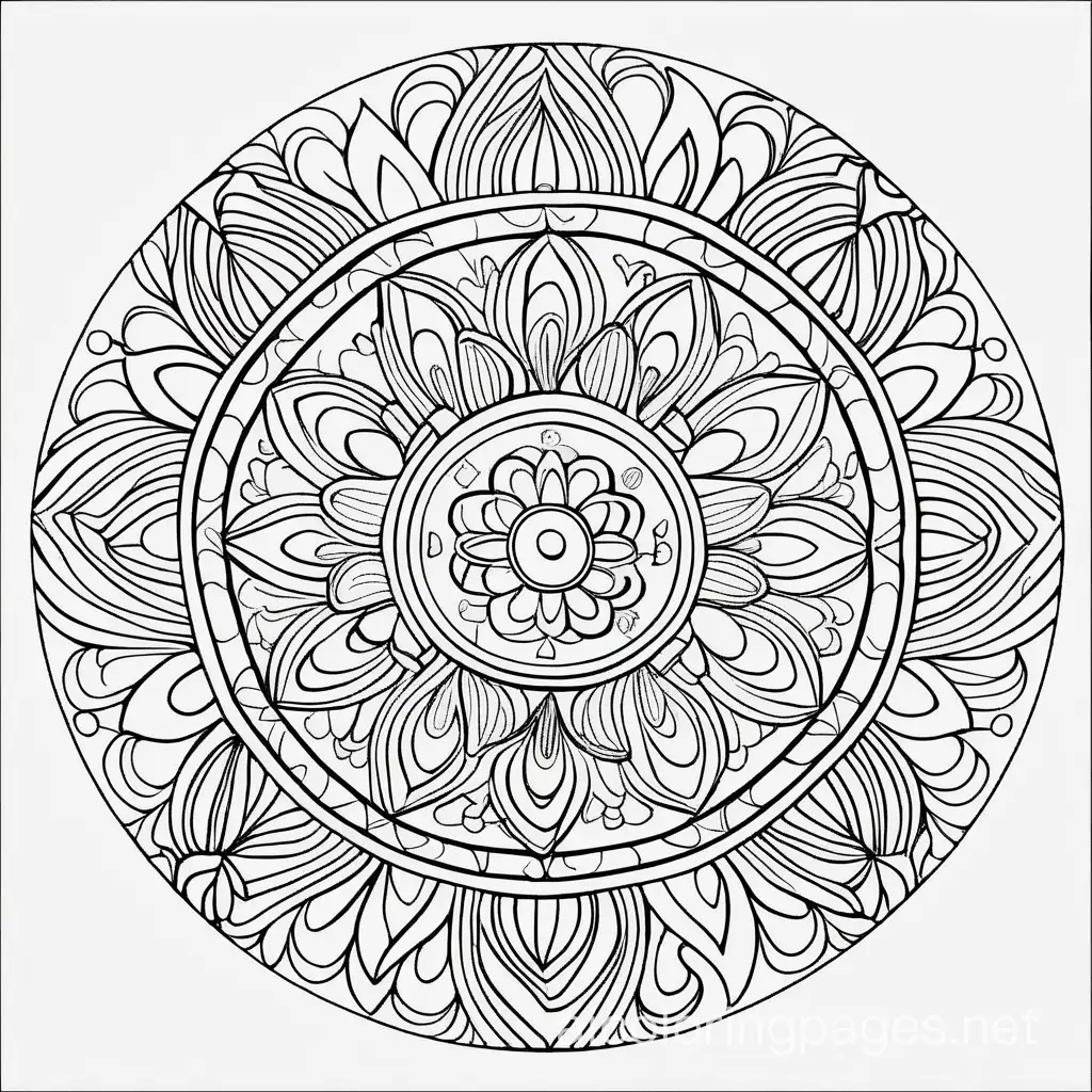 Illustrate a mandala coloring page, Coloring Page, black and white, line art, white background, Simplicity, Ample White Space. The background of the coloring page is plain white to make it easy for young children to color within the lines. The outlines of all the subjects are easy to distinguish, making it simple for kids to color without too much difficulty