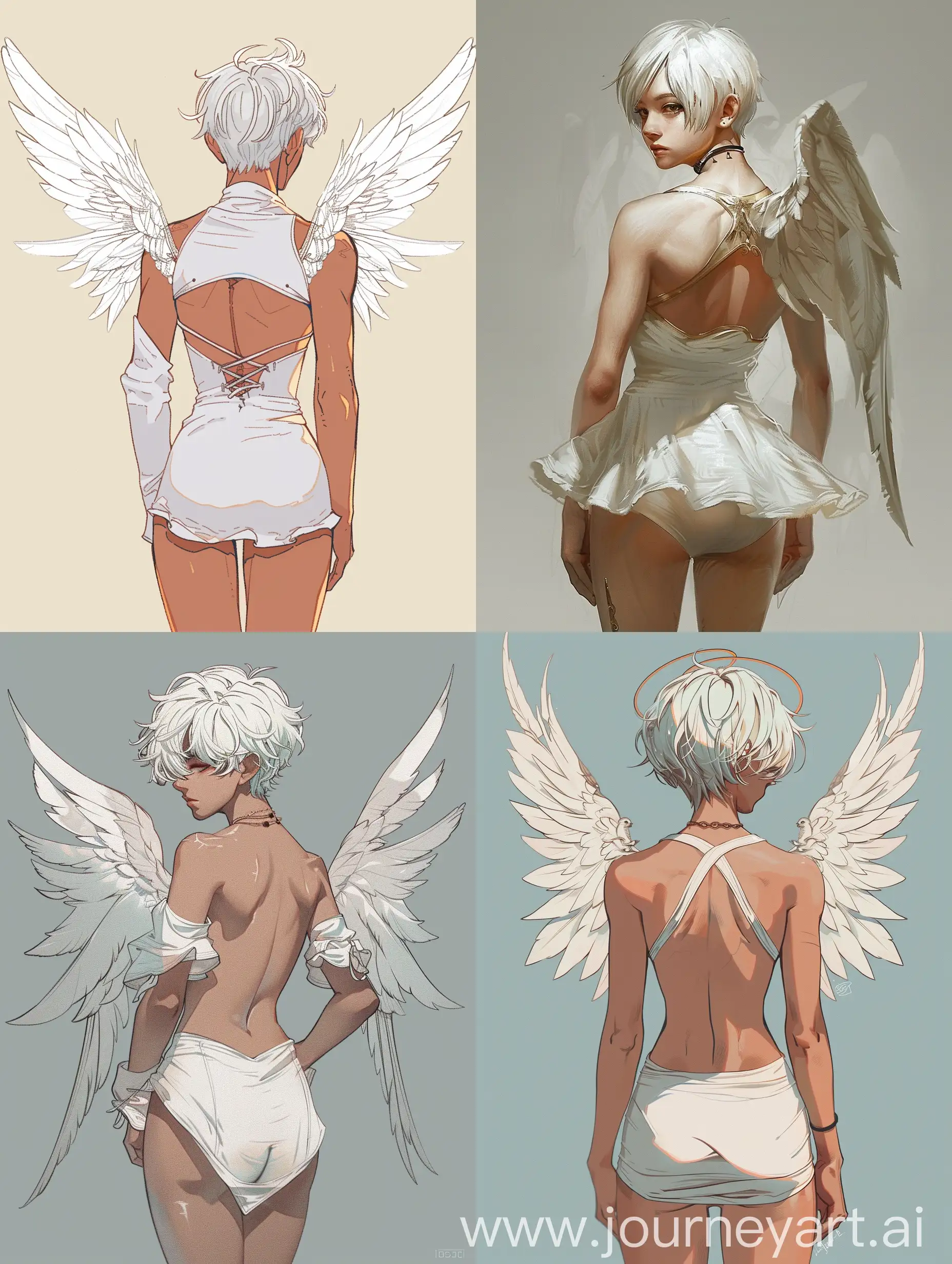 Женственный парень, короткие белые волосы, за спиной ангельские крылья, белое обтягивающее платье, большие бедра, стоит спиной вперёд. 