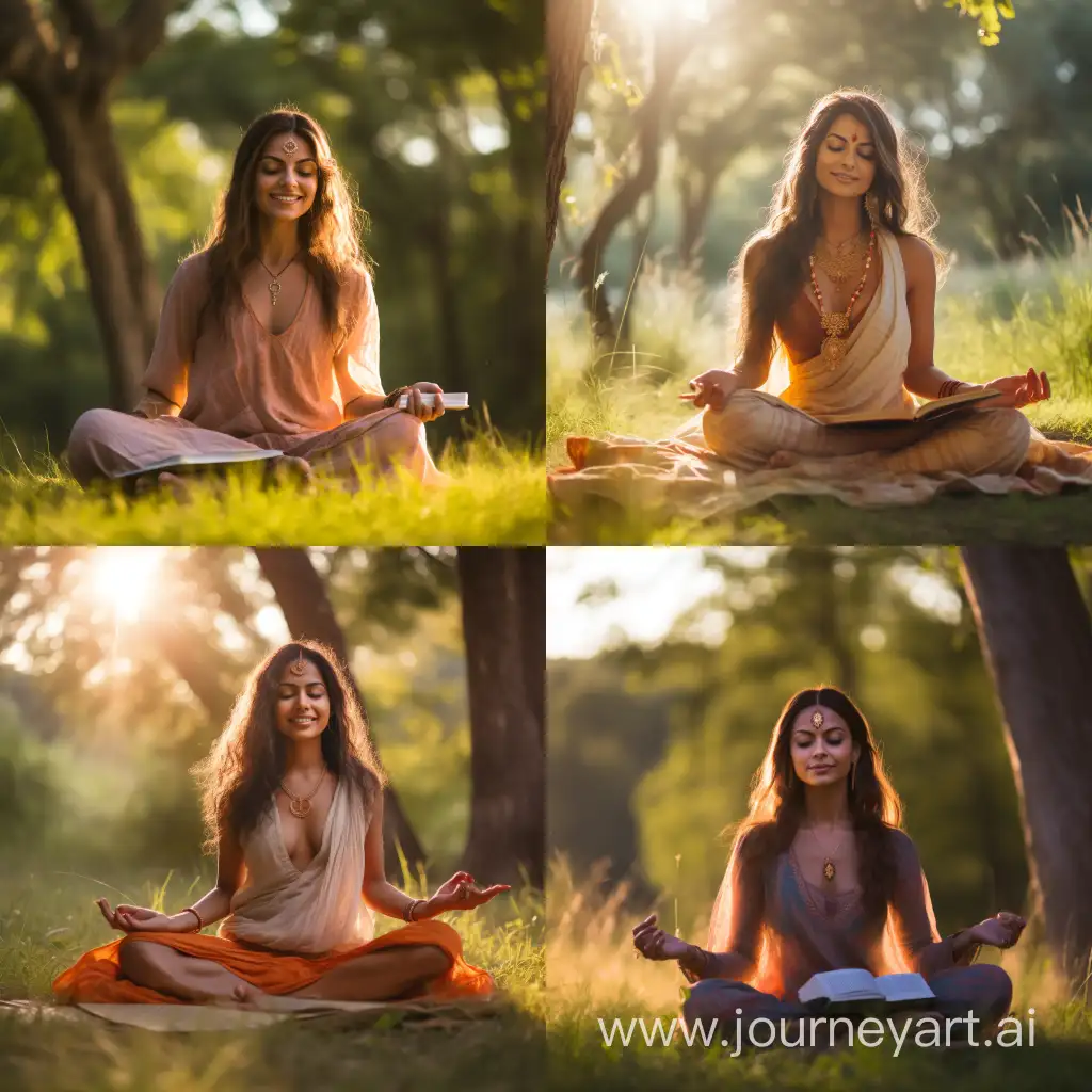 glowing Indian spiritual yogi goddess with
extremely pronounced and severe pes cavus
seated on grass beside a tree, reading a book.
she appears joyful. The bottoms of her highly
defined bare feet with are slightly dirty and
extended towards the camera, and the setting
suggests a peaceful, sunlit park environment.