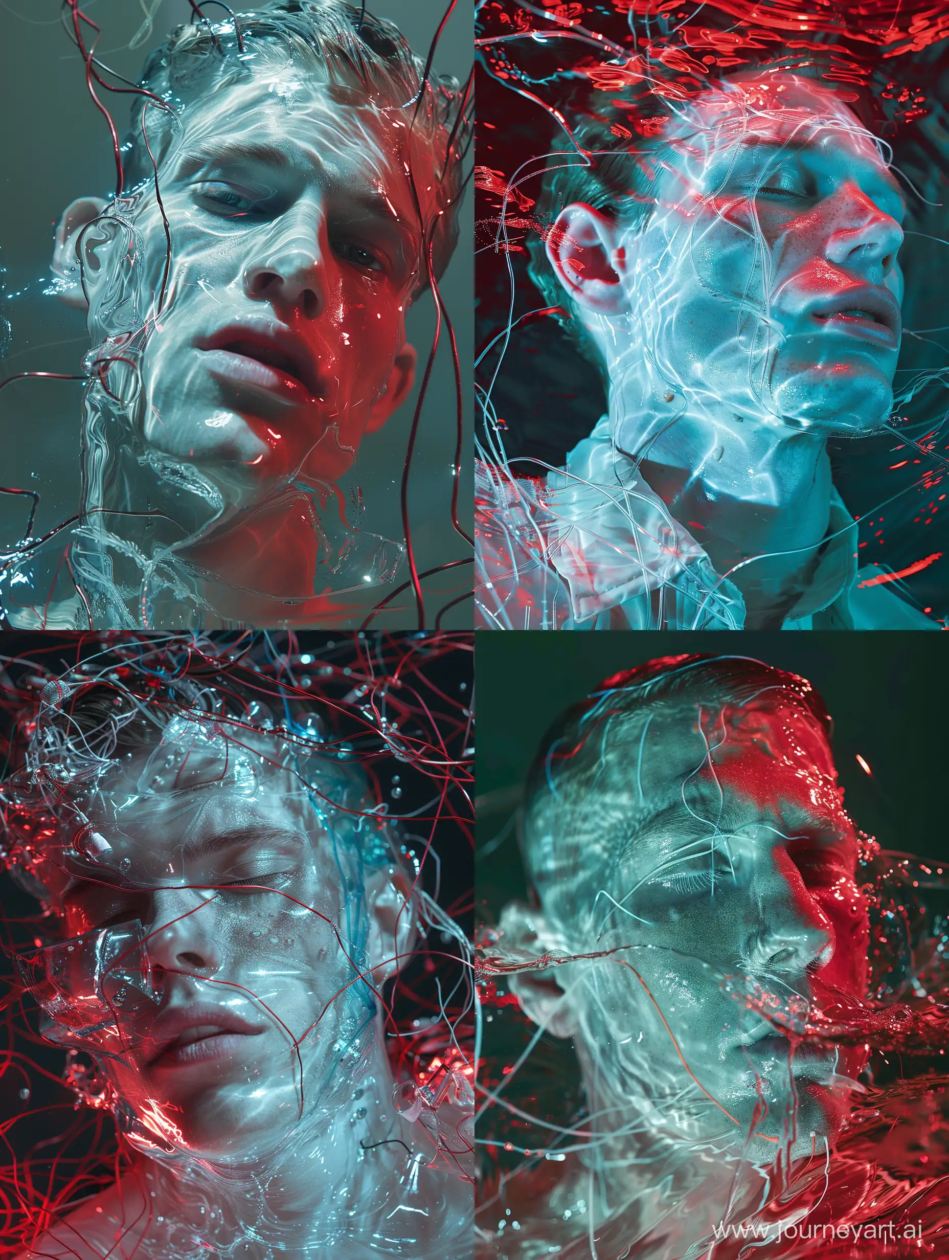 Tim Walker's haute-couture frontal portrait of clear white ethereal man with translucent skin drowning in sea of wires. Red and cyan hues, glowing highlights, dark shadows --v 6.0
