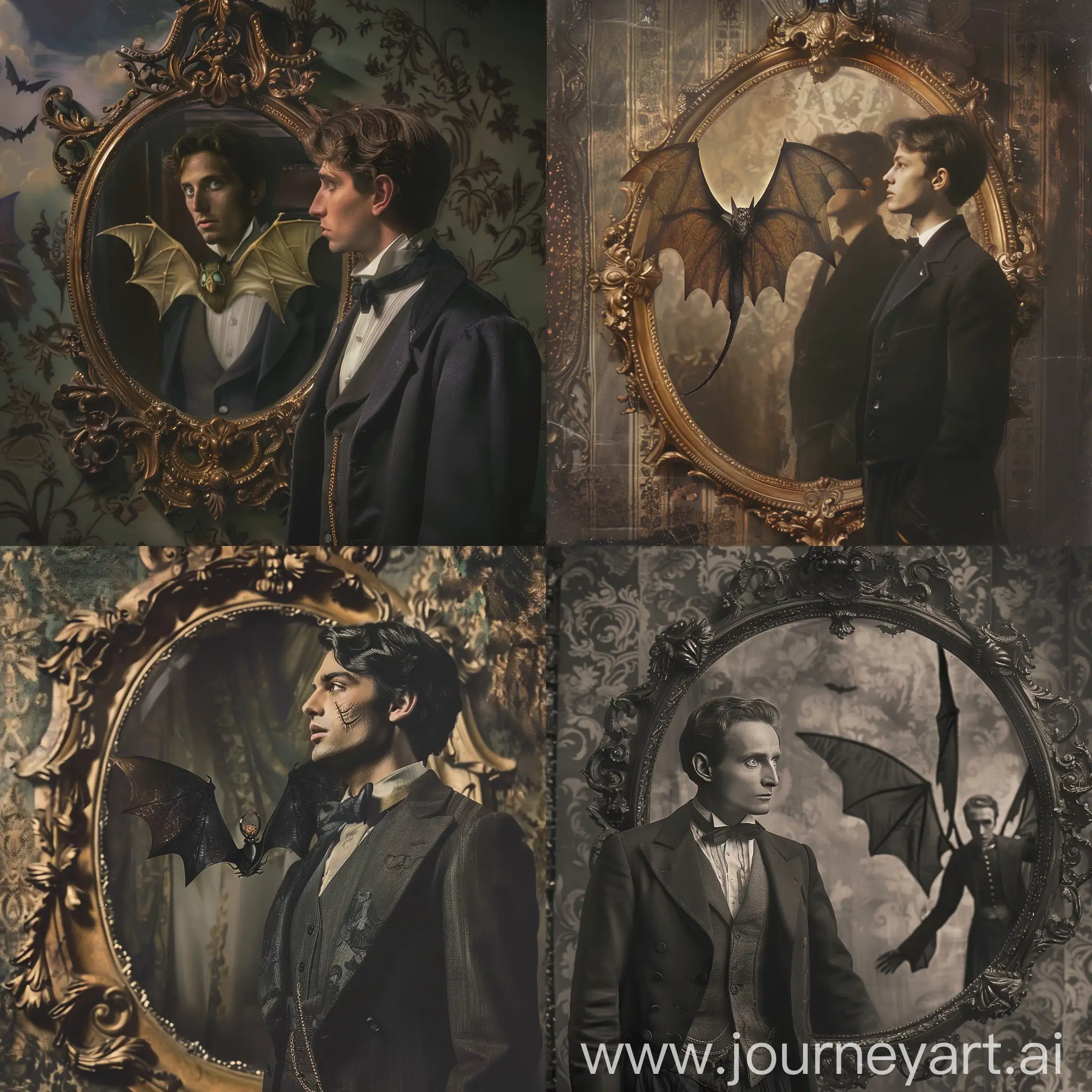 Edwardian-Man-Fascinated-by-Reflection-in-Ornate-Winged-Vampire-Mirror