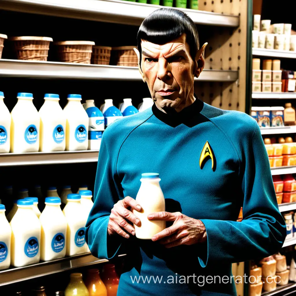Mr spock in front of wegmans holding milk