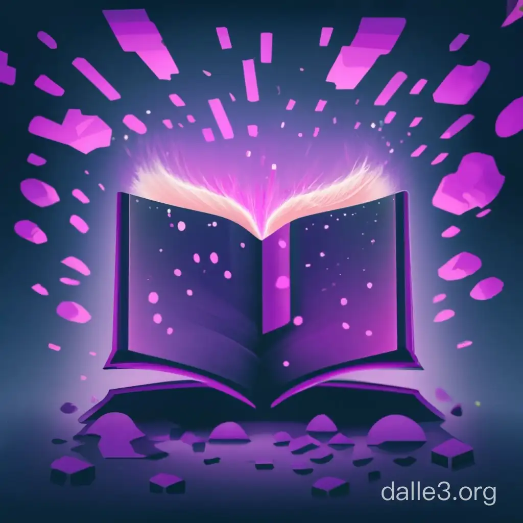 opened book in the void, purple glowing,  vector drawing style, purple particles aroud the book,  minecraft style, opened  book in empty space, simple, minimal