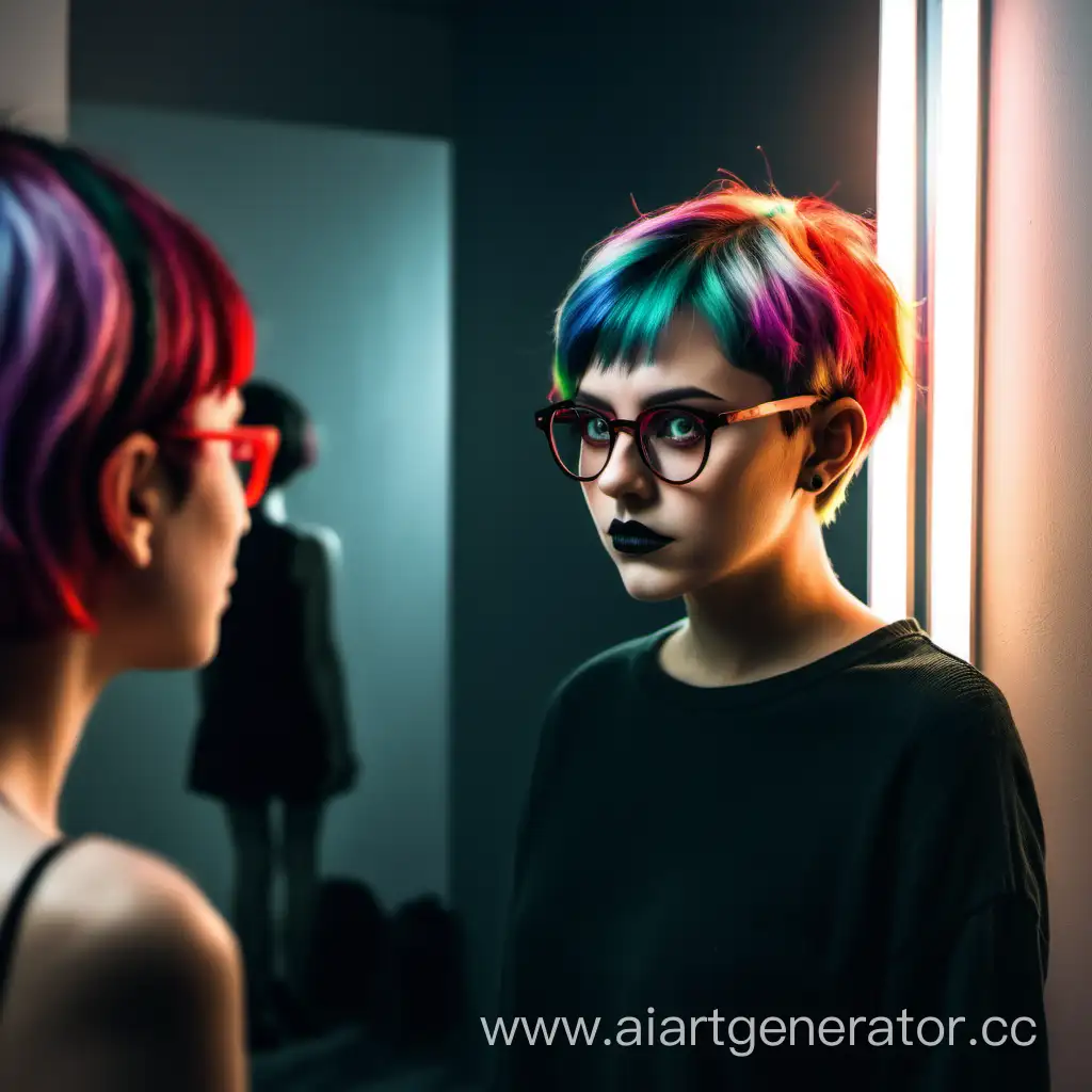 девушка с короткими цветными волосами в очках смотрит в зеркало, на неё смотрит демон
