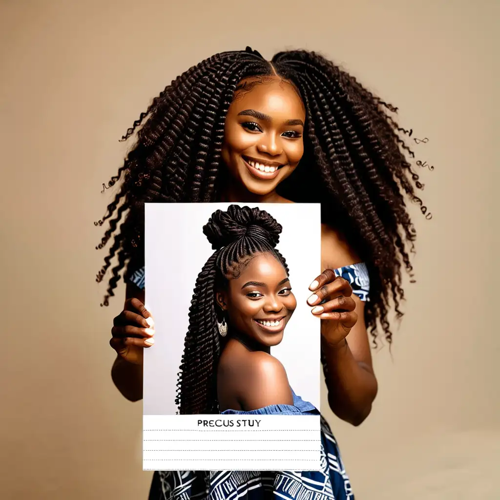 Sets of note pads with text "Precious Stuy", beautiful Nigerian woman holding standing , smiling and stylishly touching her long weave-on hair