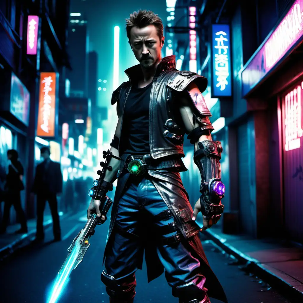 Young muscular Edward Norton as a neon cyberpunk street samurai with a gunblade from final fantasy 8. He wears armor with LED lights on it. He wears a half gas mask.
