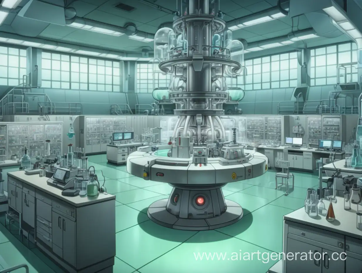 лаборатория с большим ядерным реактором в  центре комнаты в стиле аниме