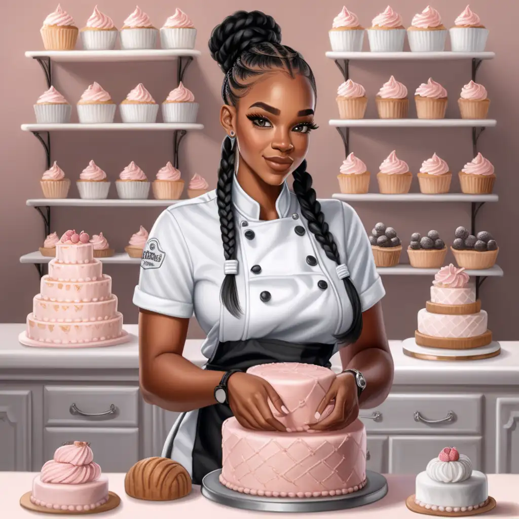 An realistic beautiful
Black woman wearing a black colored hair braided hairstyle with baby hairs, she is a baker , Boss babe, dressed in her baker uniform,  she working at her bakery , baking a beautiful wedding cake