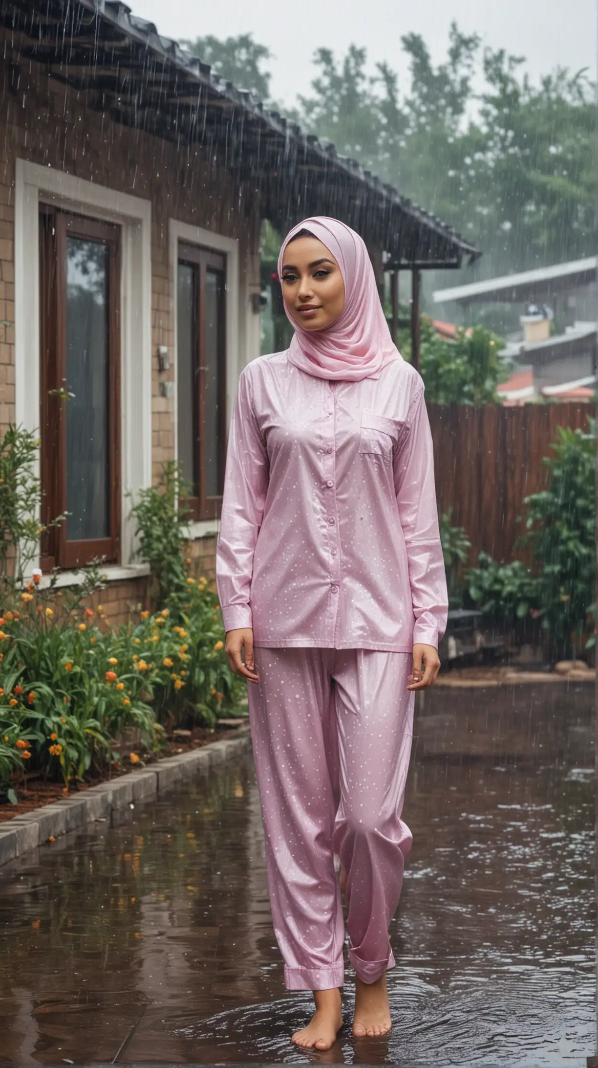 Seorang wanita cantik berhijab dan seksi memakai piama basah sedang berada di halaman rumah sederhana dalam suasana gerimis