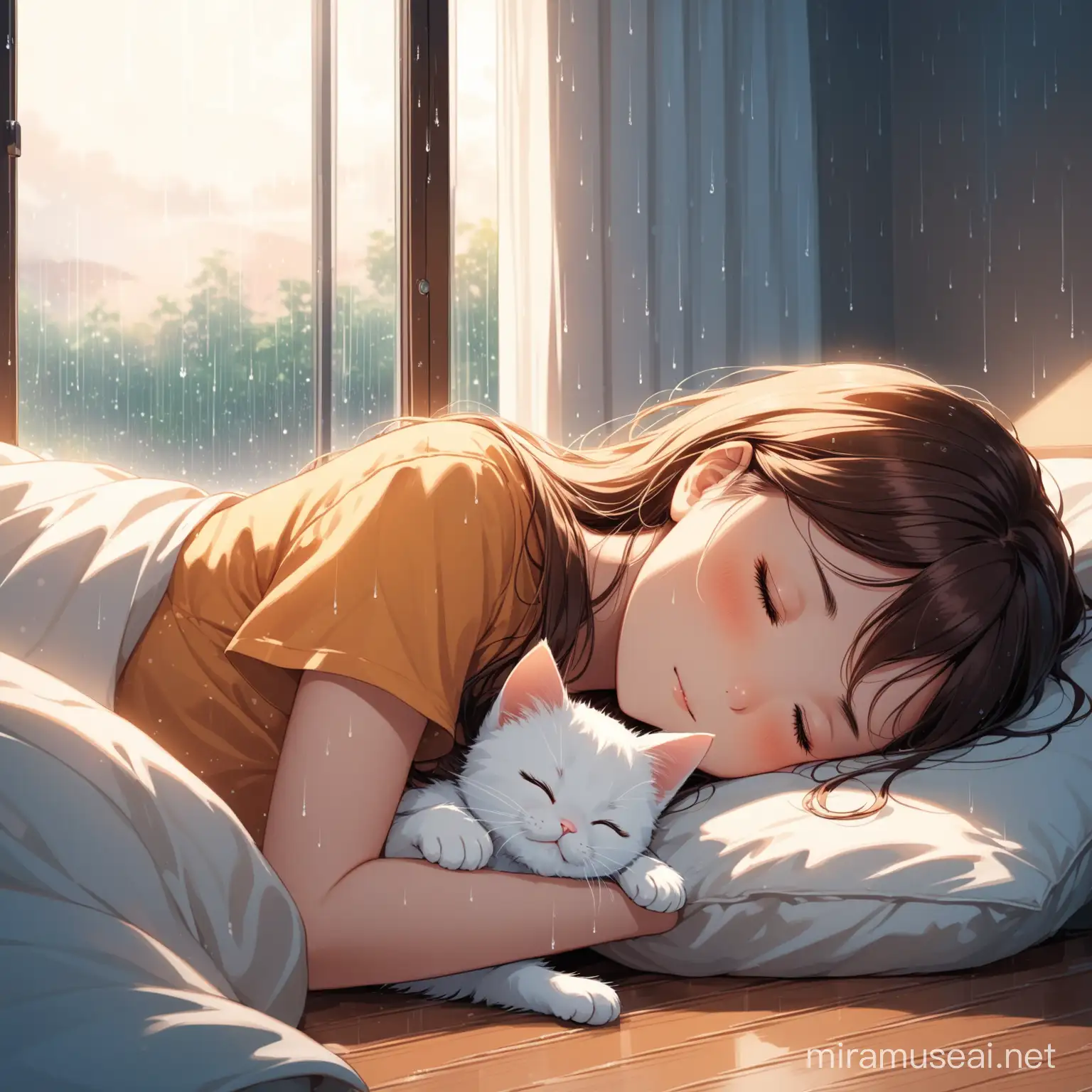 Aivisiom,Warm room, bed next to the window, rain falling on the window from outside, beautiful girl sleeping on the bed, beautiful reassuring light, A kitten sleeping on the floor