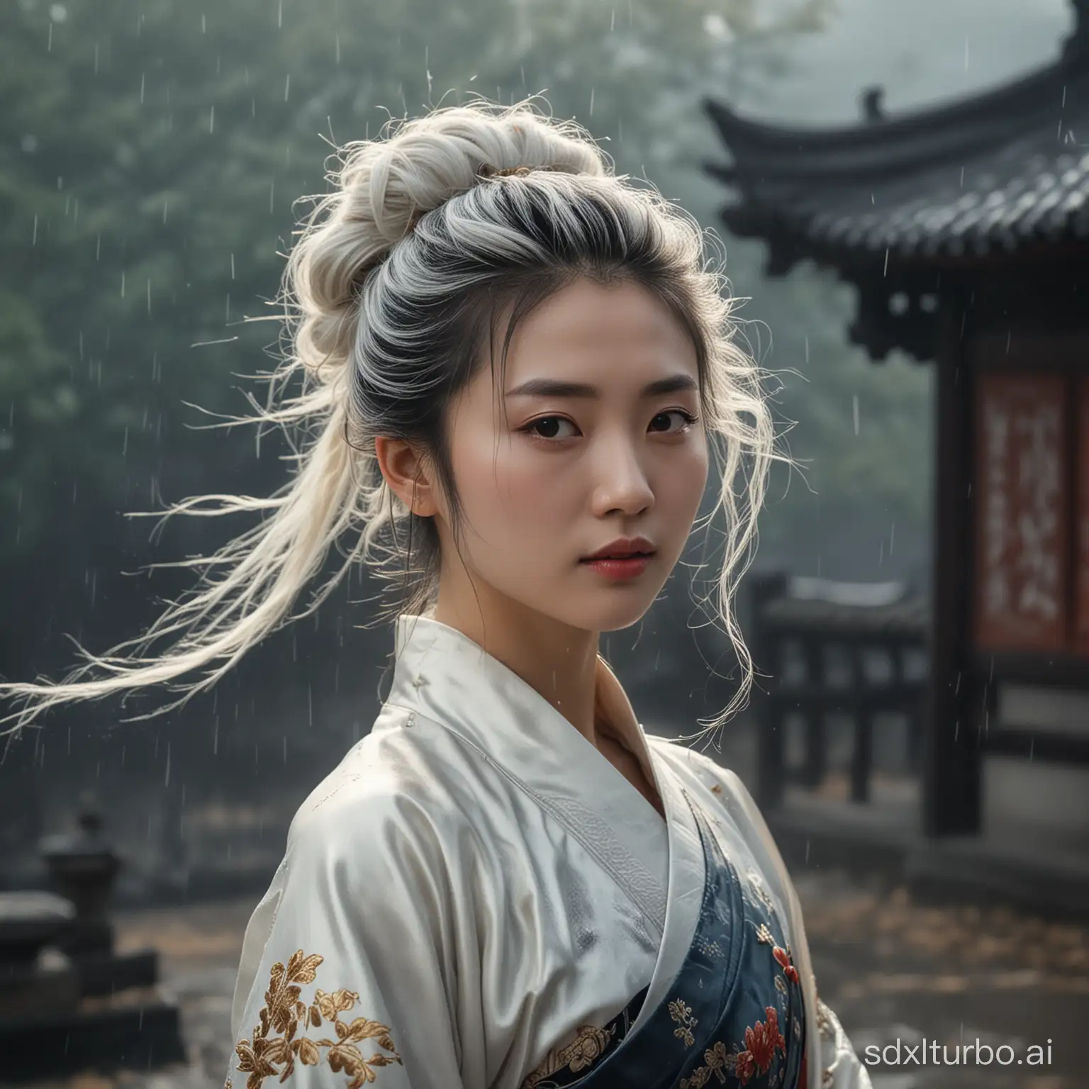 (masterpiece:1.0), (best quality:1.0), (film grain:1.2),professional lighting(gufeng:1.3),woman, Chinese style, (ancient Chinese imperial robe),no makeup, domineering, long white hair, autumn, curly hair, rainy day, Oriental style, Big Black Eye, Cool hairstyle and Lonely high profile,waist-length hair,ugly sky,Lightning flashes and thunder rumbles,There is black smoke around,cliff