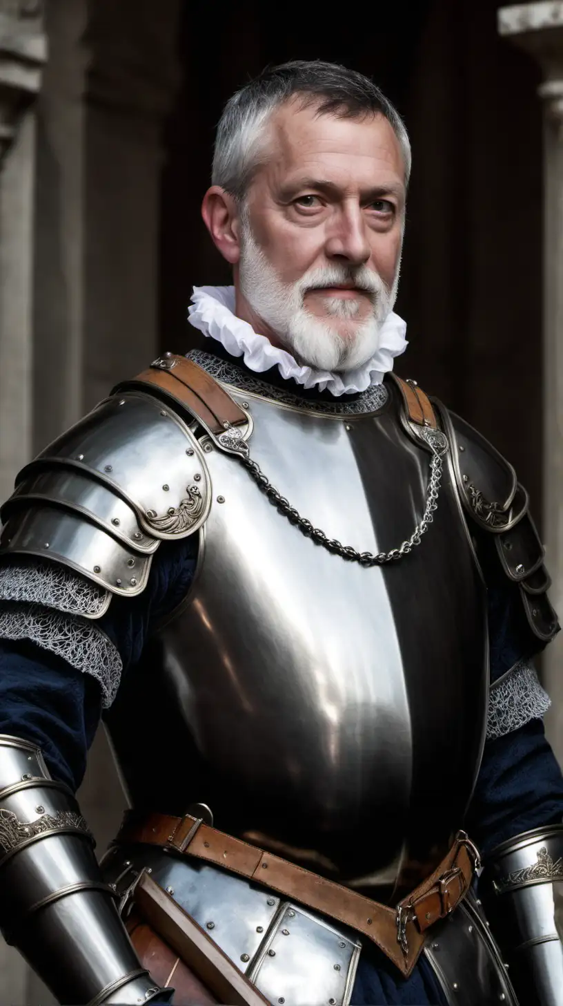 1555, hombre de la realeza, coraza oscura ,posando en primer plano , barba canosa poco espesa, barbilla prominente