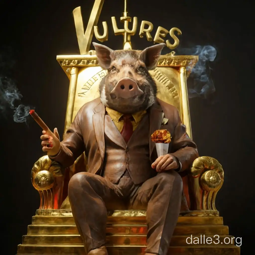 реалистичное фото где серьезный кабан в дорогом коричневым костюме и держащий во рту большую сигару сидит на золотом троне с табличкой на которой написано "vuLtures"