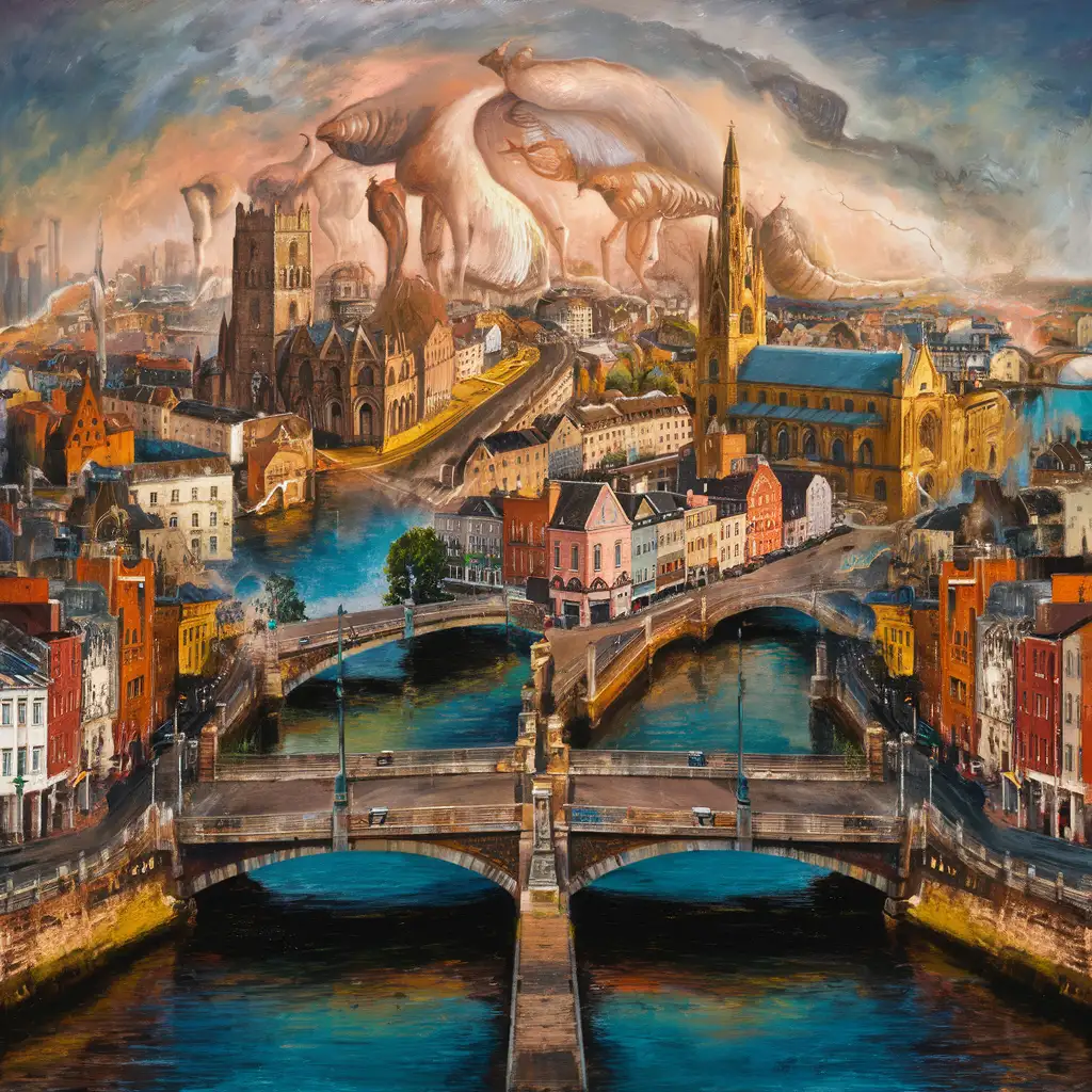Lively Urban Scene Vibrant Limerick Cityscape Oil Painting