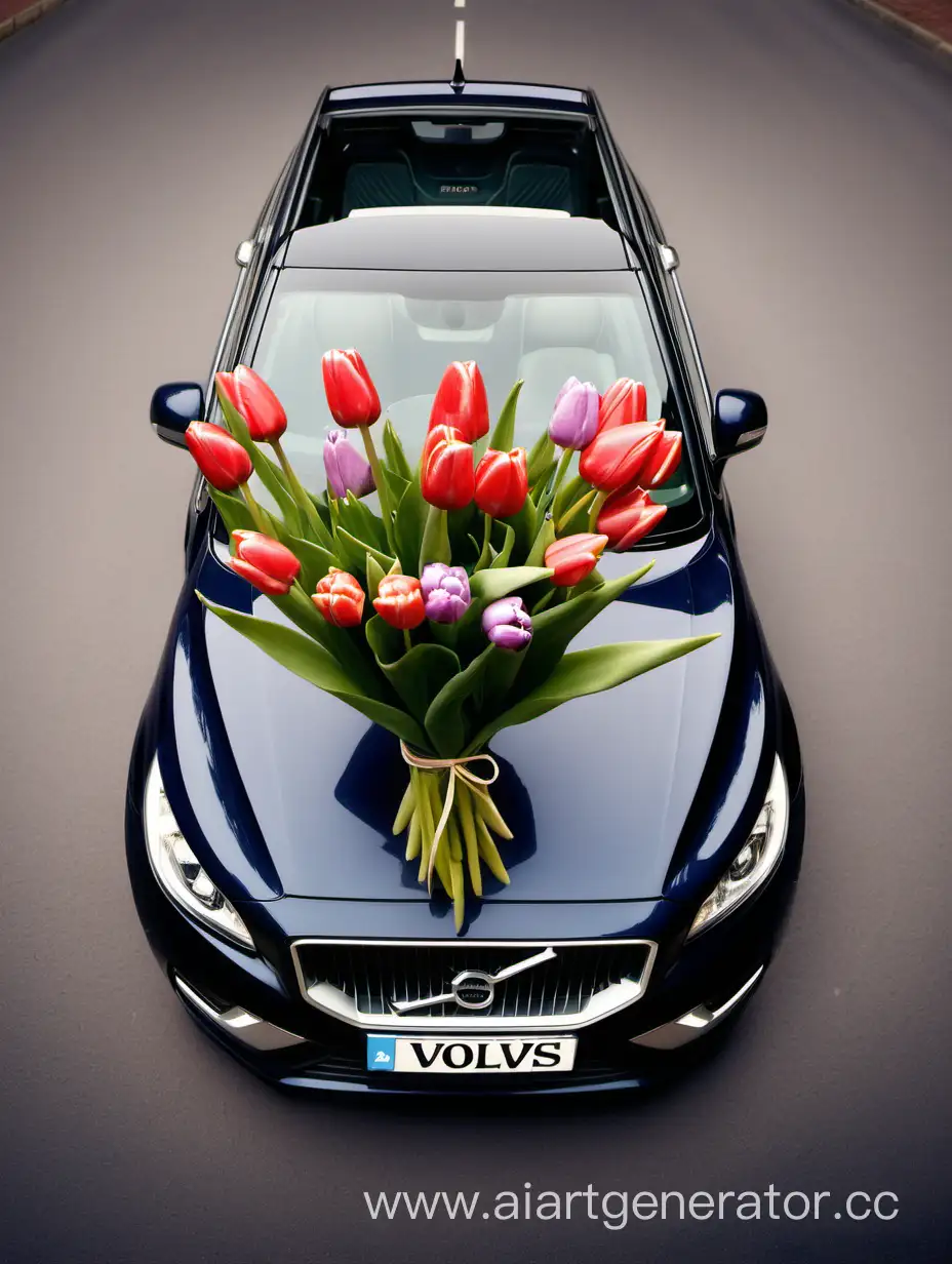 Vibrant-Volvo-Car-Amidst-Tulip-Garden-During-Holiday-Celebration