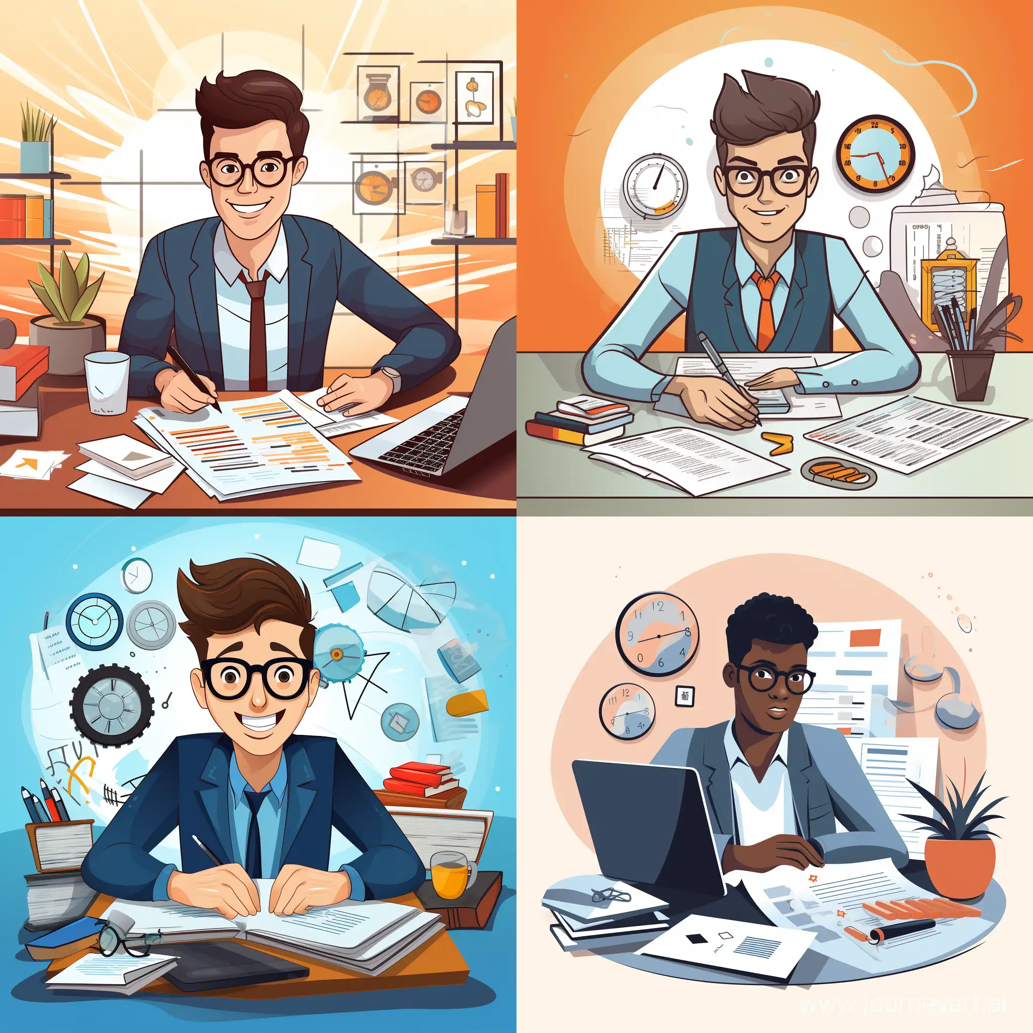 Generate a sophisticated 2D illustration for a modern explainer business video. The scene should portray a professional employee managing a pile of paperwork and a calculator, emphasizing the intricacies of manual calculations. The camera angle should be center-aligned, and the character design should be planned for a front-facing view, maintaining a consistent, non-cartoonish style with a contemporary multi-color palette.  Character Details:  Identity:  Gender-neutral, professional appearance. Maintain a refined and mature look, avoiding cartoonish features. Clothing:  Contemporary business attire with clean lines and minimalistic details. Pose and Expression:  Seated at a sleek, modern desk, facing the front. Display stress through subtle body language without exaggerated expressions. Workspace:  Pile of Paperwork:  Neatly arranged papers on the desk, employing a consistent and modern geometric style. Utilize the specified 4-color palette: 