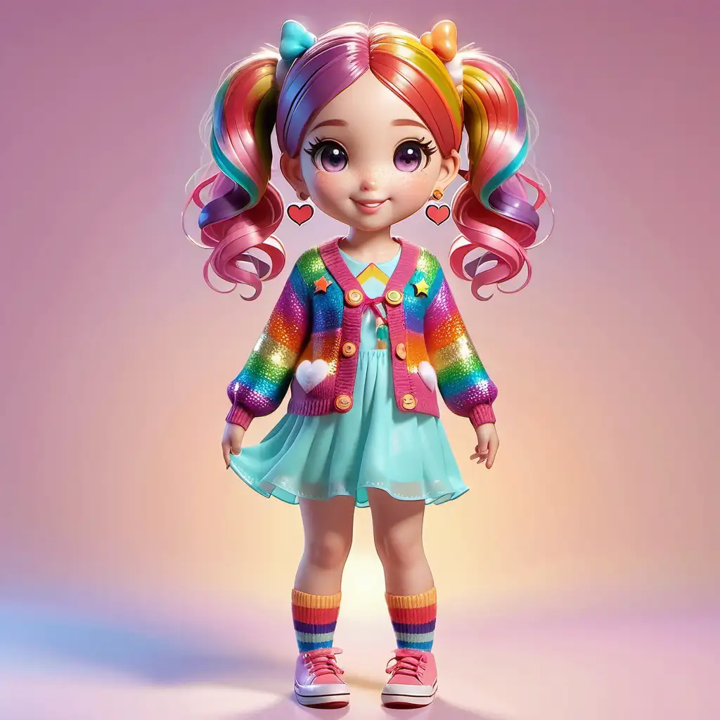 Lively Young Woman with Rainbow Hair and Colorful Kawaii Outfit