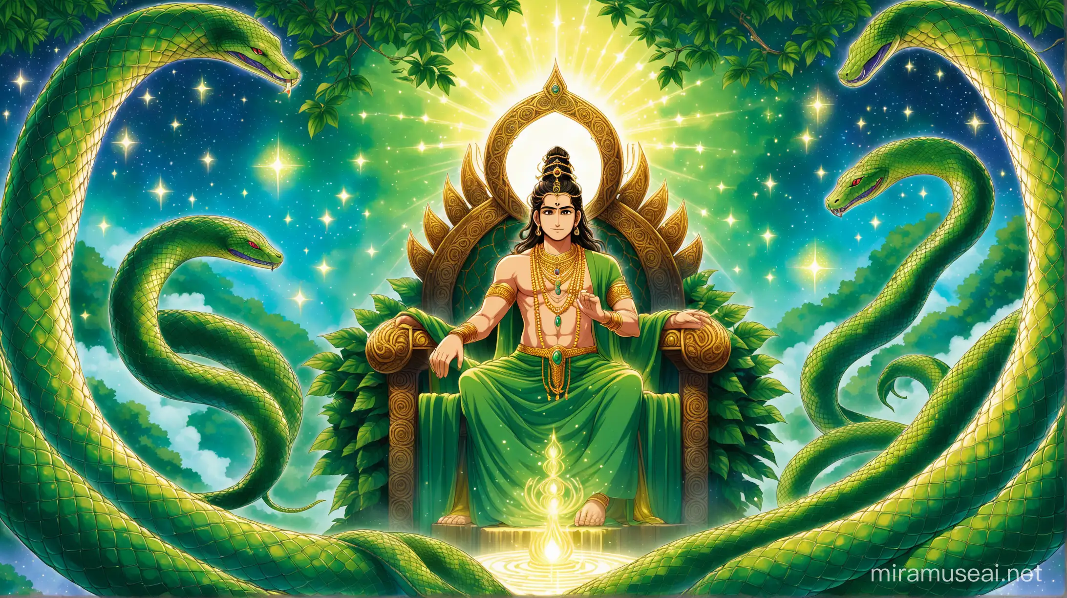 In a mystical realm where moonbeams dance upon enchanted foliage, Vasuki a male hindu , the king of serpents, holds court upon a throne of ancient wood, adorned with jewels that radiate starlight. His serpentine form, aglow with iridescent scales, commands the reverence of all beings, as whispers of celestial secrets fill the air. Here, in this magical sanctuary, Vasuki reigns as the guardian of cosmic wisdom and the embodiment of divine majesty and a gaint snake around him full body  ,ghibli anime style, hand drawn
