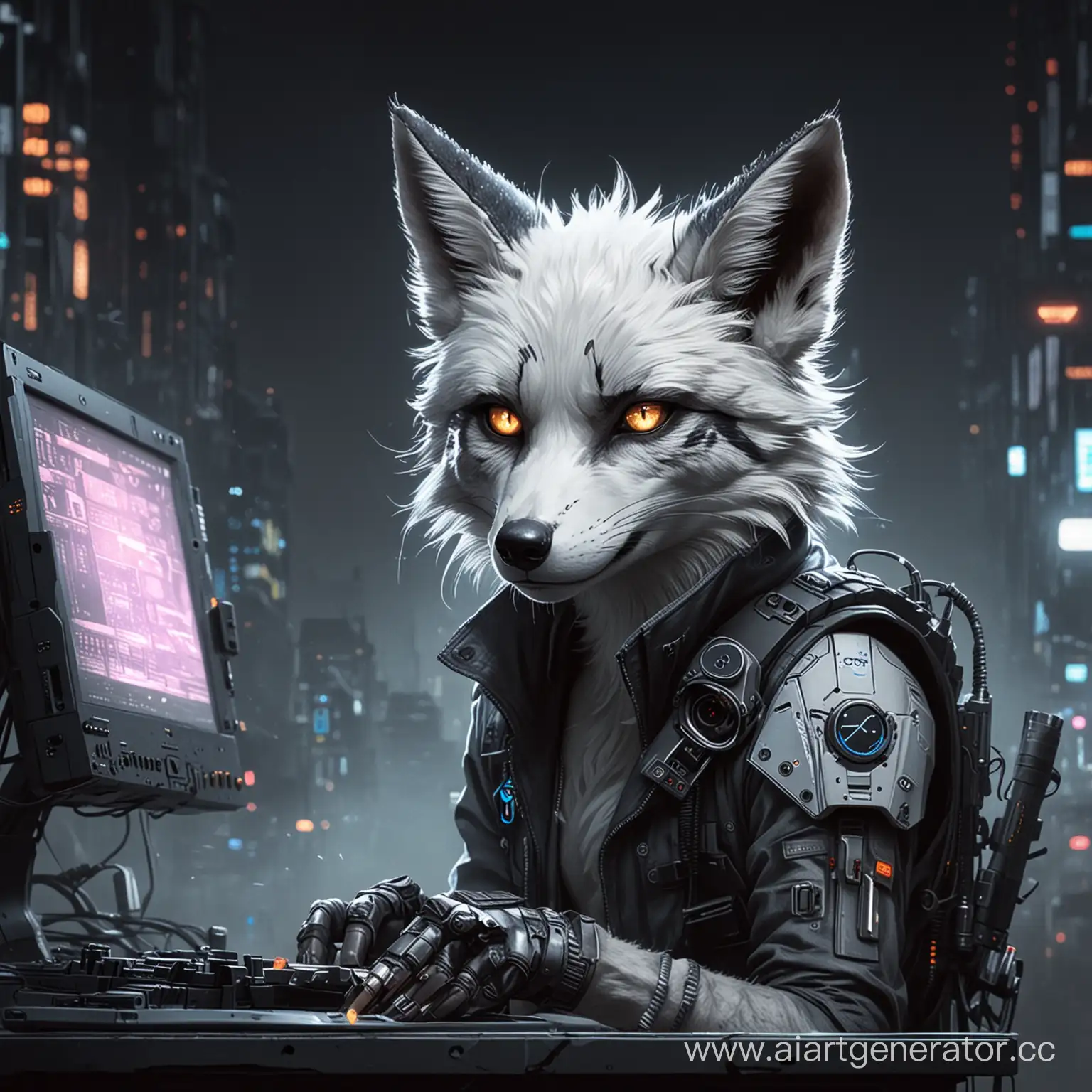 Сумрачный лис, цвета белый, черный и серый дымчатый в стиле киберпанк играет в компьютерные игры