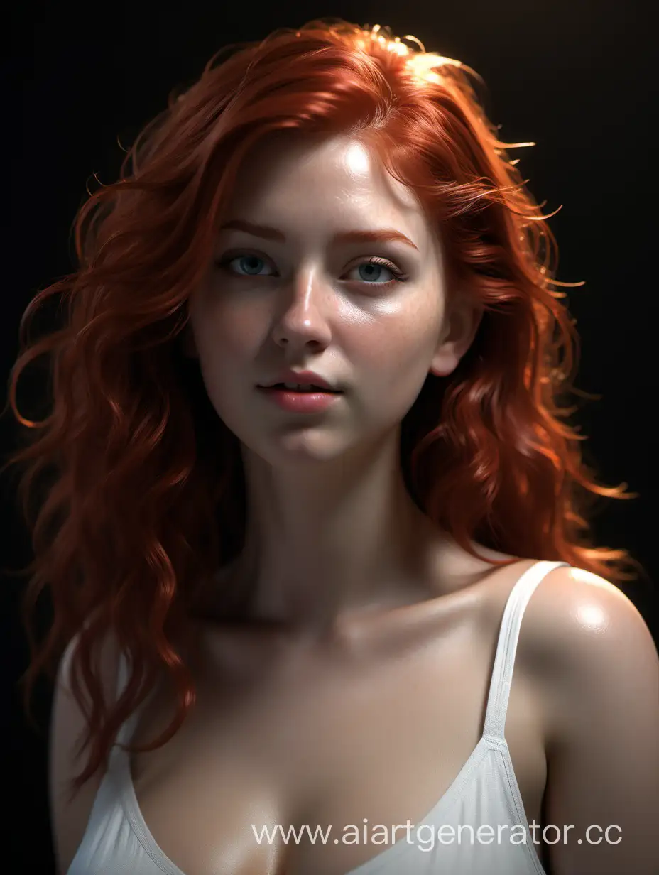 (Masterpiece), photorealistic, photorealism, 8k, best quality, (ultra-detailed), (Masterfully crafted Glow), hyper details, (delicate detailed), (intricate details), octane render, hdr, hyperdetailed, portrait,
 (head frame), detailed glow, ambient occlusion, ambient light, cinematic light, redhead girl, 25 yo, big bust, upper body