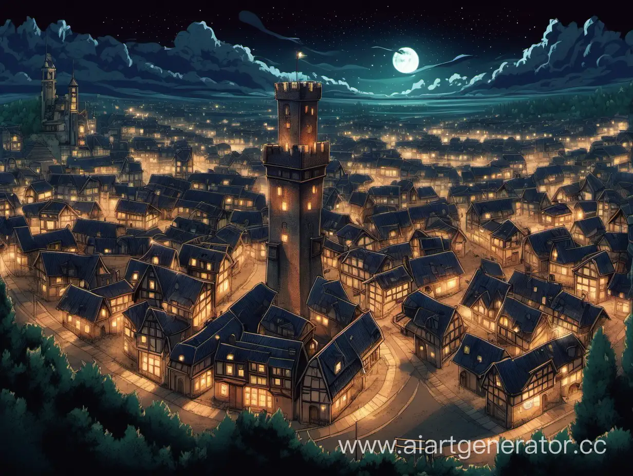 Изображение города, ночью. С дозорными башнями и воротами. Маленький город