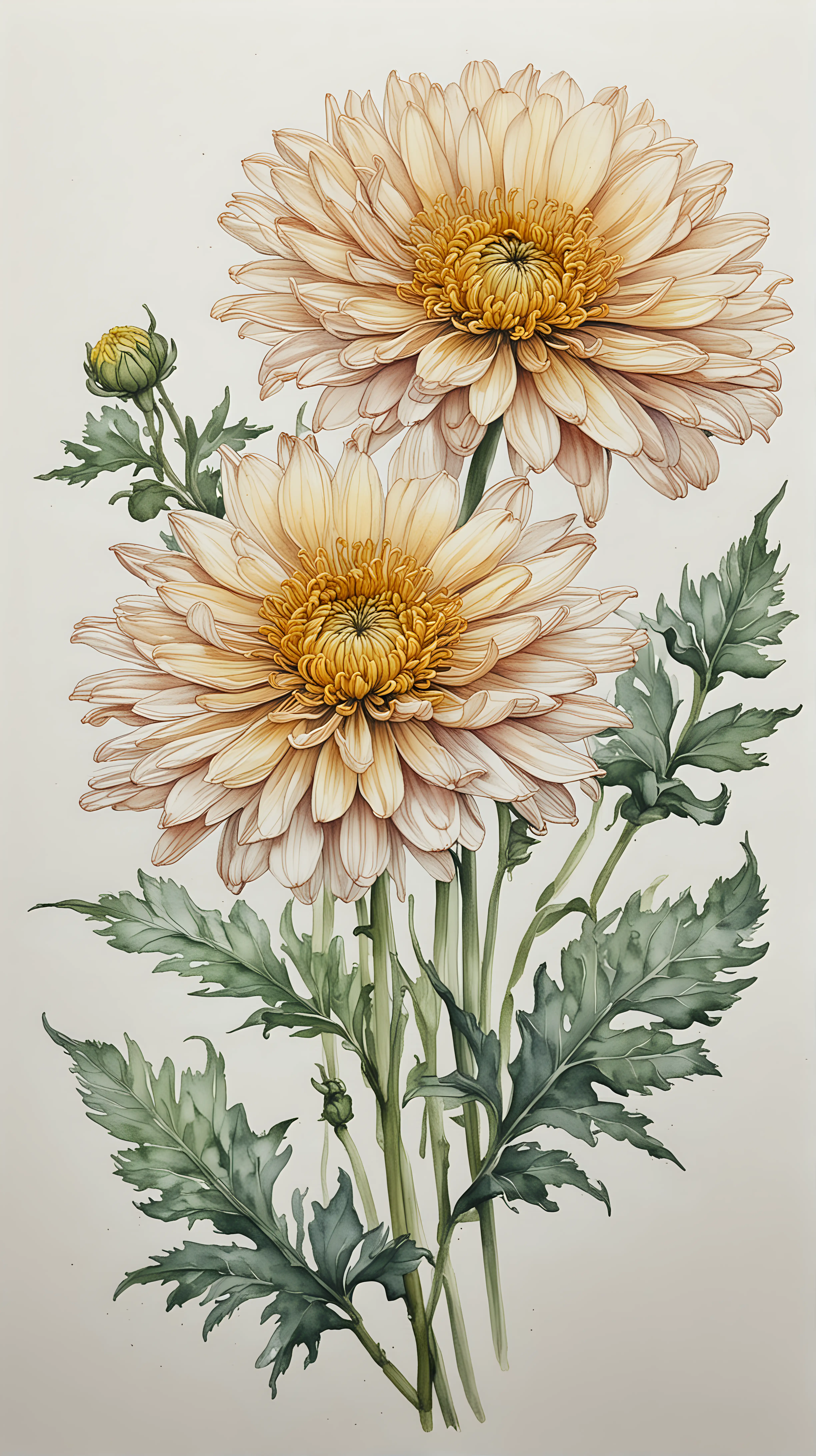 Chrysanthemum Birthflower Line Art Elegant Watercolor Illustration