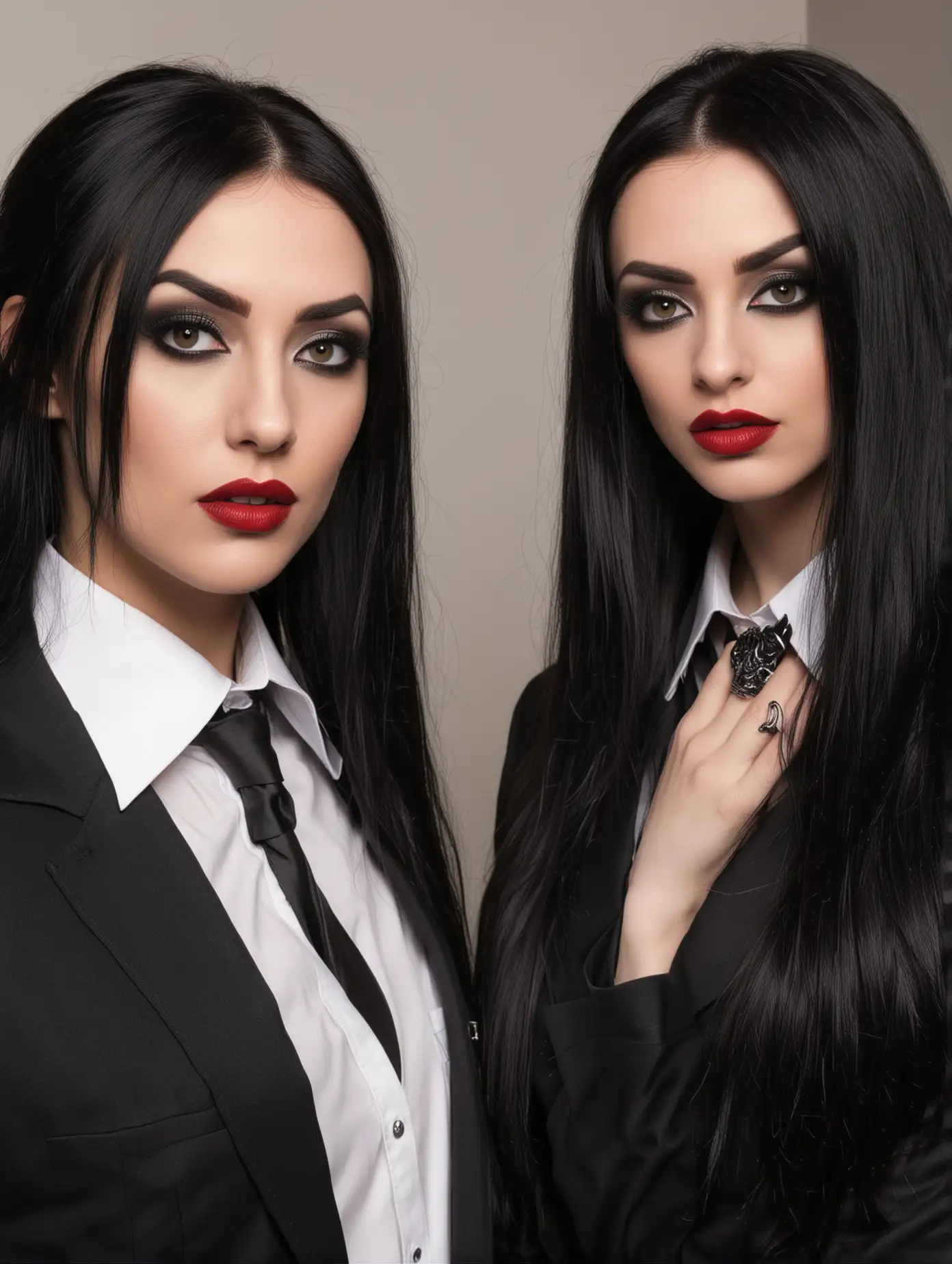 Boss and Secretary: Play out a scenario where one is the boss and the other is the secretary who has been working late. There is a lot of attraction between them. The boss is a blackmetalhead man and the secretary is a gothic woman but they both are dressed as business people but still with the black metal and gothic inspired way. Both have long black hair, smokey eye makeup. The woman has red lipstick and long black nails.
