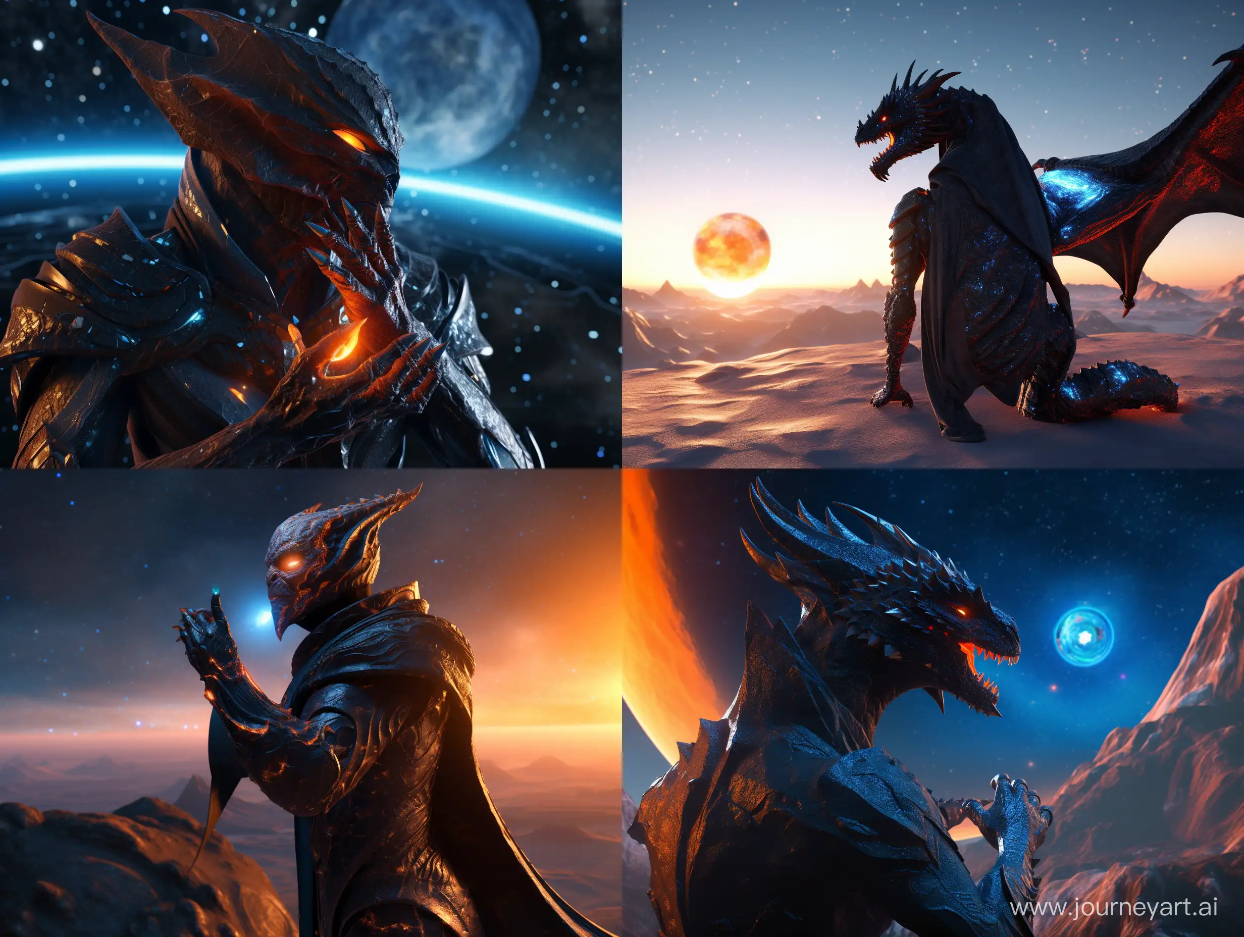 male dragon, anthropomorphic, sweet face, glowing blue pupils, dressed in a galactic cloak, holding a black hole on his finger, sunset, galaxies are visible in the sky, marble glossy black floor fully reflective, epic orange and blue light, super quality, volumetric, ultra complex, octane render, rtx, --v 5