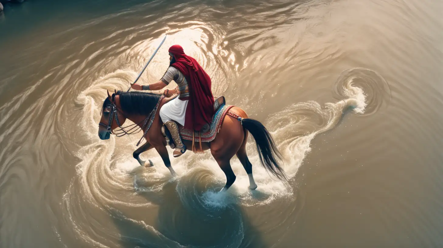 Arabic Warrior on Horse Crossing River Top View Digital Art