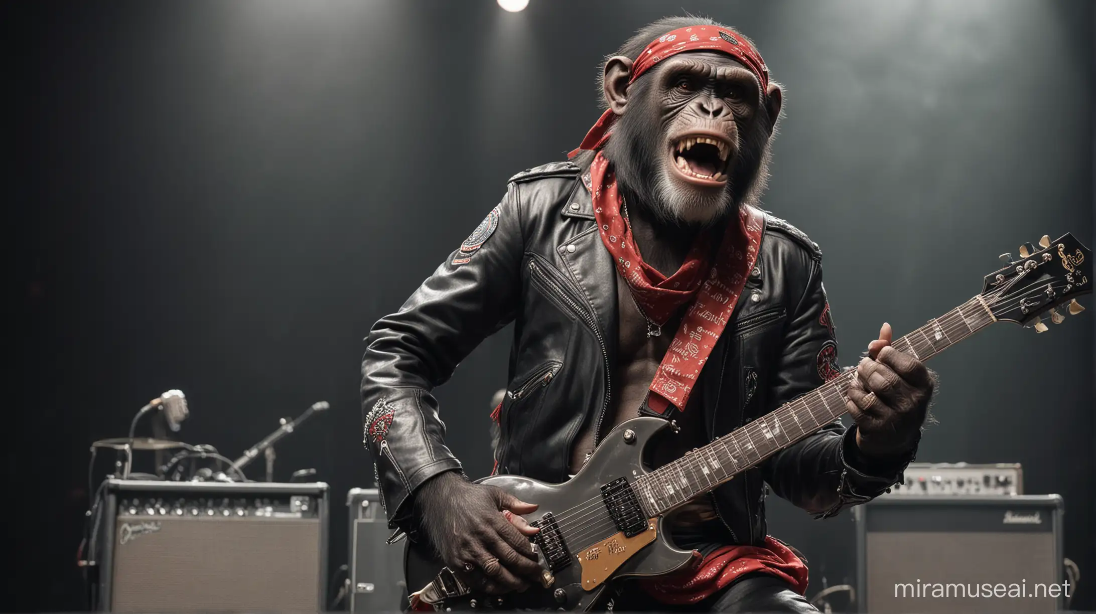 A chimpanzee, as a heavy metal rock star, playing a Gibson Les Paul, on stage, wearing a leather jacket and a red bandana and posing for the audience